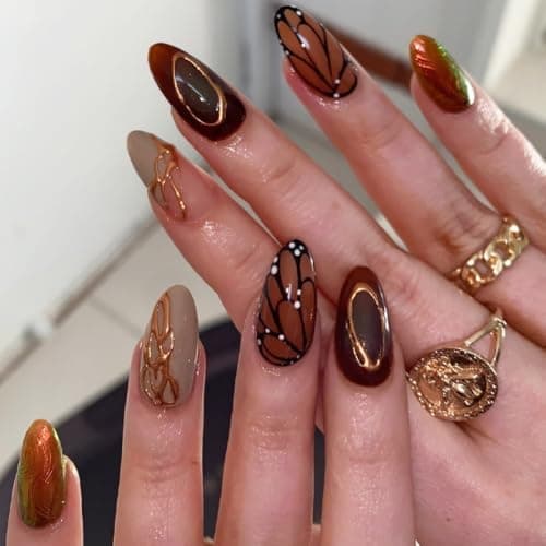Fall Brown Press On Nails Almond Medium, Butterfly Fake Nails, Vintage Nails Press Ons, Nail Art Glue On Nails For Women Fall Winter Outfit, Reusable Acrylic 24Pcs