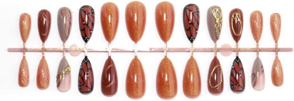 Fall Brown Press On Nails Almond Medium, Butterfly Fake Nails, Vintage Nails Press Ons, Nail Art Glue On Nails For Women Fall Winter Outfit, Reusable Acrylic 24Pcs — photo 5