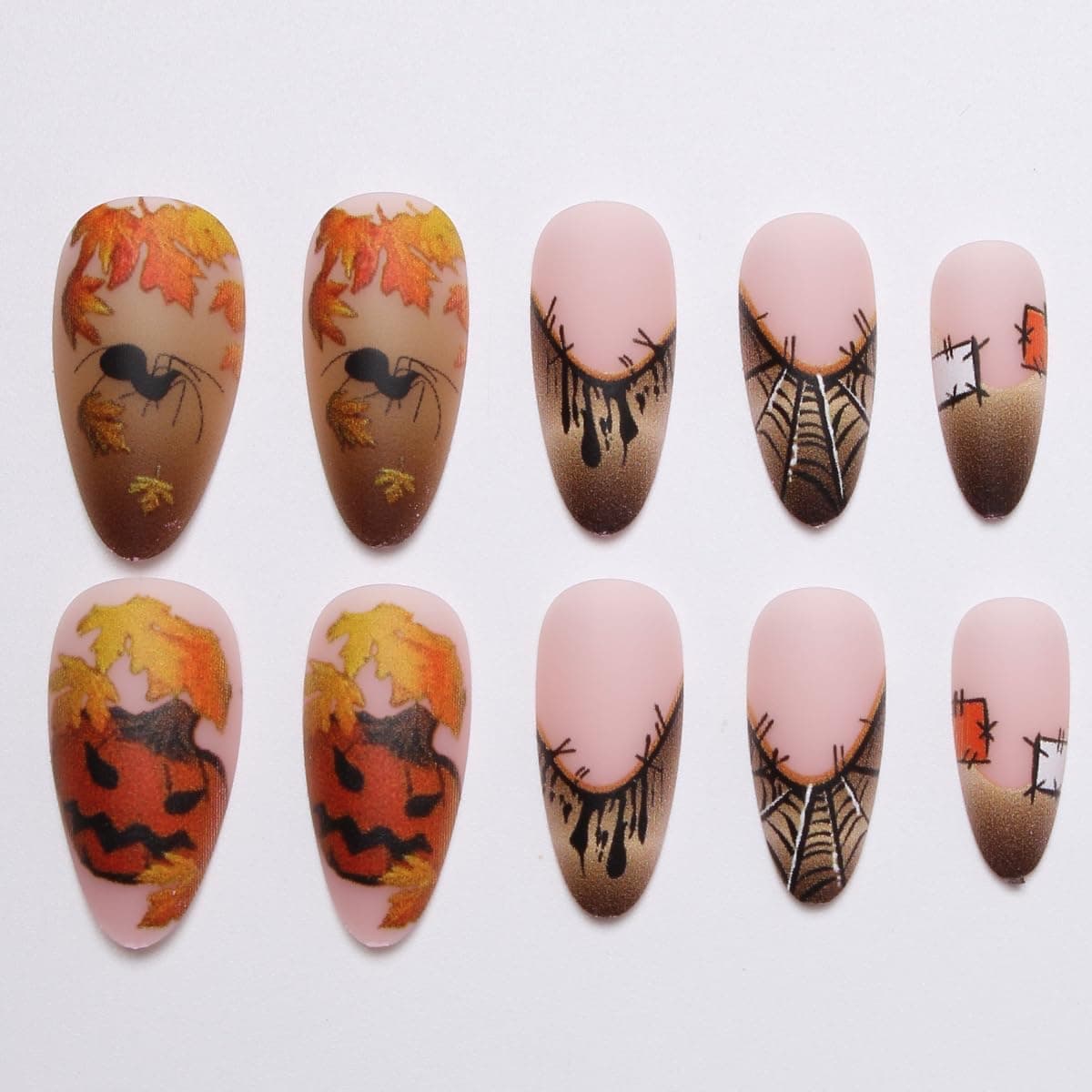 Halloween Press on Nails Medium Almond Pumpkin Matte Fake Nails | 24Pcs Brown French Stick on Nails,Maple Leaf Design Fall False Nail,Halloween Press on Nail for Women False Nails — photo 2