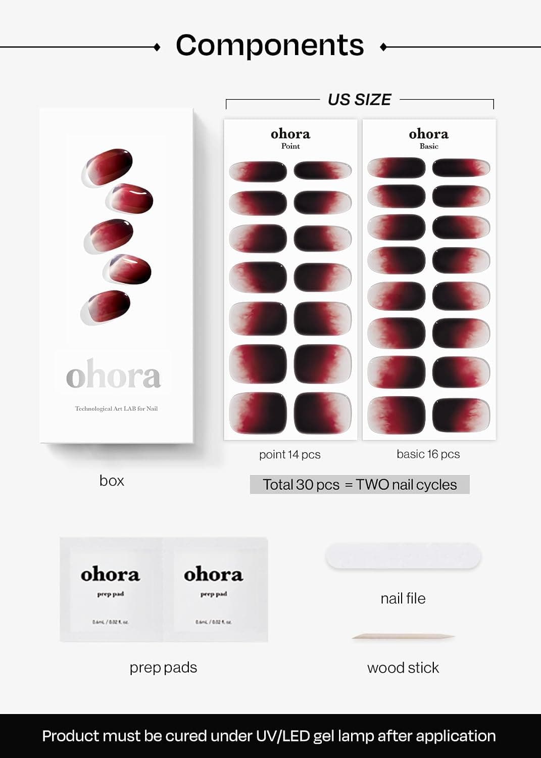 ohora Semi Cured Gel Nail Strips (N Blood Drop) - Red, Ombre, Works with Any UV/LED Lamps, Salon-Quality, Long Lasting, Easy to Apply & Remove - Includes 2 Prep Pads, Nail File & Wooden Stick — photo 6