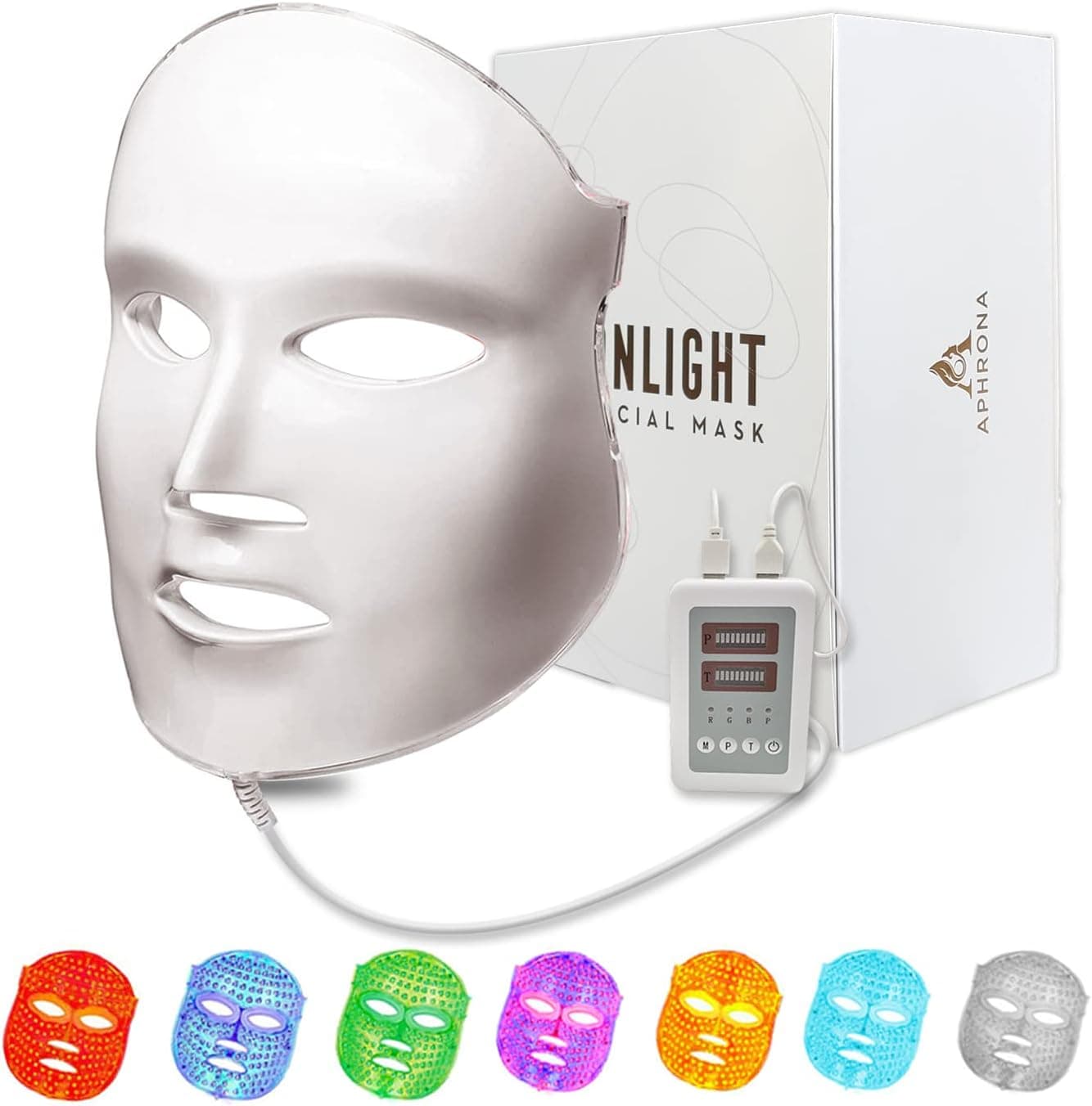Aphrona FDA cleared LED Facial Mask MOONLIGHT PRO 7 Color Treatment Photon Mask, Red light Blue light for Acne Removal Wrinkle Reduction, led light therapy for face, 450 Powerful LED Chips (White) — photo 1