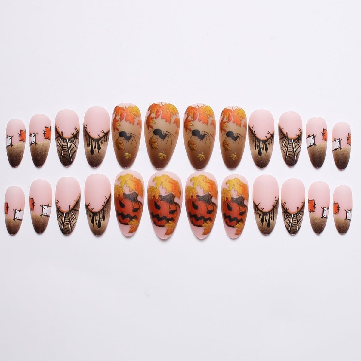 Halloween Press on Nails Medium Almond Pumpkin Matte Fake Nails | 24Pcs Brown French Stick on Nails,Maple Leaf Design Fall False Nail,Halloween Press on Nail for Women False Nails — photo 3