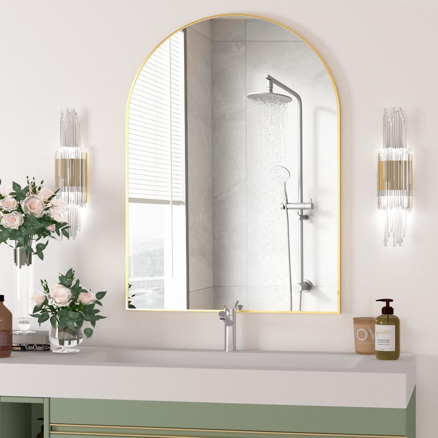 Arched Wall Mirror for Bathroom, 40"x30" Arched Mirror Wall Mounted Mirror with Metal Frame, Gold Vanity Mirror Decor for Mantle, Bedroom, Entryway, Living Room