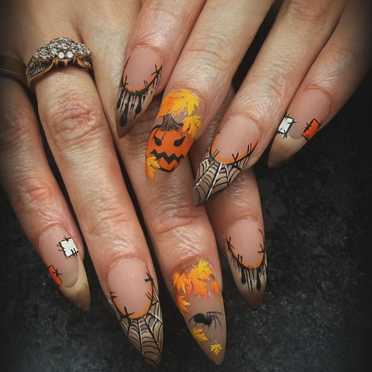 Halloween Press on Nails Medium Almond Pumpkin Matte Fake Nails | 24Pcs Brown French Stick on Nails,Maple Leaf Design Fall False Nail,Halloween Press on Nail for Women False Nails — photo 1