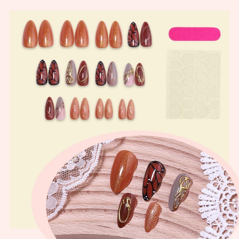 Fall Brown Press On Nails Almond Medium, Butterfly Fake Nails, Vintage Nails Press Ons, Nail Art Glue On Nails For Women Fall Winter Outfit, Reusable Acrylic 24Pcs — photo 2
