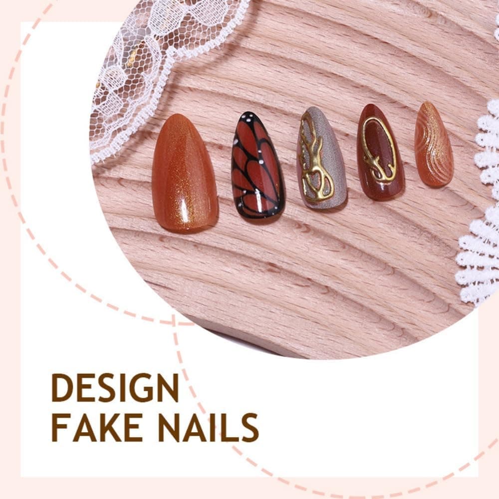 Fall Brown Press On Nails Almond Medium, Butterfly Fake Nails, Vintage Nails Press Ons, Nail Art Glue On Nails For Women Fall Winter Outfit, Reusable Acrylic 24Pcs — photo 3