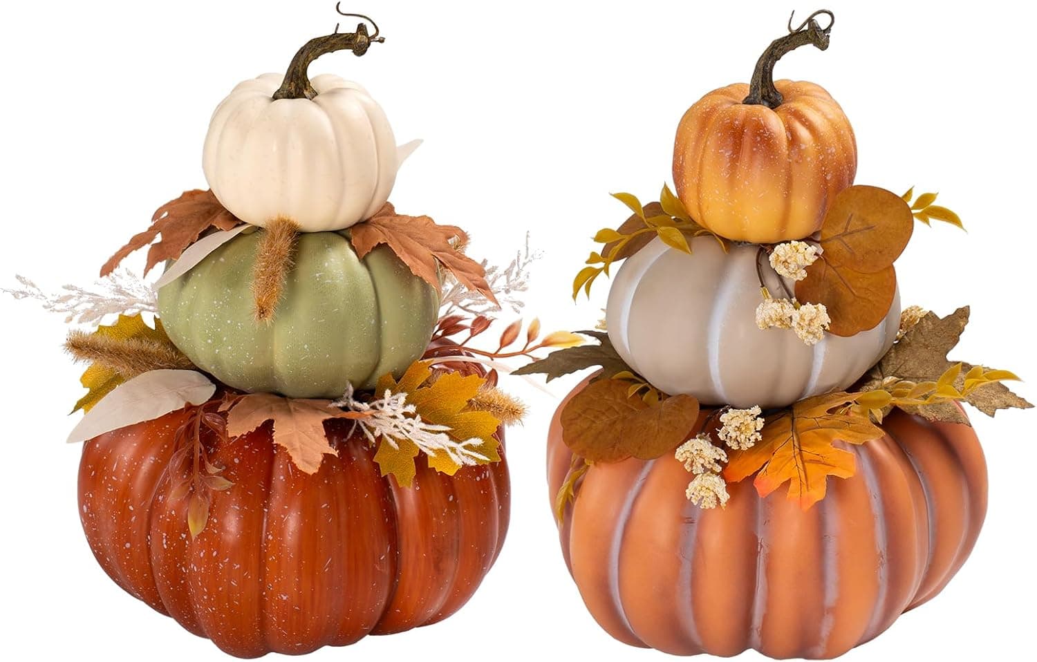 2Pcs 14"Large Stacked Pumpkin Tower Decor, Coffee&Orange‑Red Hard Foam Artificial Pumpkin Topiaries with Maple Leaves Wheat, Harvest Fall Ornament for Halloween Thanksgiving Table Porch Decor