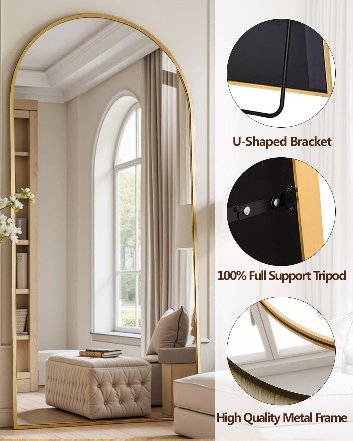 DMWOODFL 81"x41" Arched Full Length Mirror - Extra Large Floor Standing/Wall Mounted Mirror with Stand, Shatter-Resistant Gold Aluminum Frame for Bedroom, Living Room & Dressing Area — photo 5