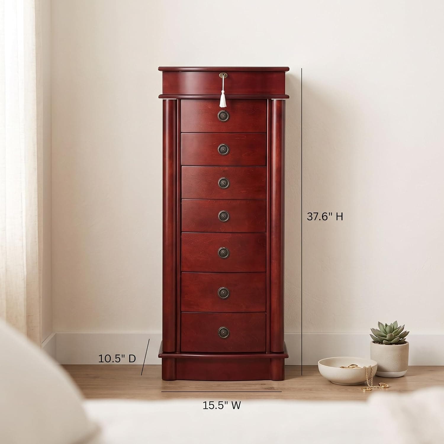 Hives and HoneyNoelle Standing Jewelry Armoire, Locking Organizer with Mirror, 7 Drawers, Side Doors, Necklace Hooks, Ring Rolls, Jewelry Box for Earrings, Bracelets, and More, Cherry — photo 7