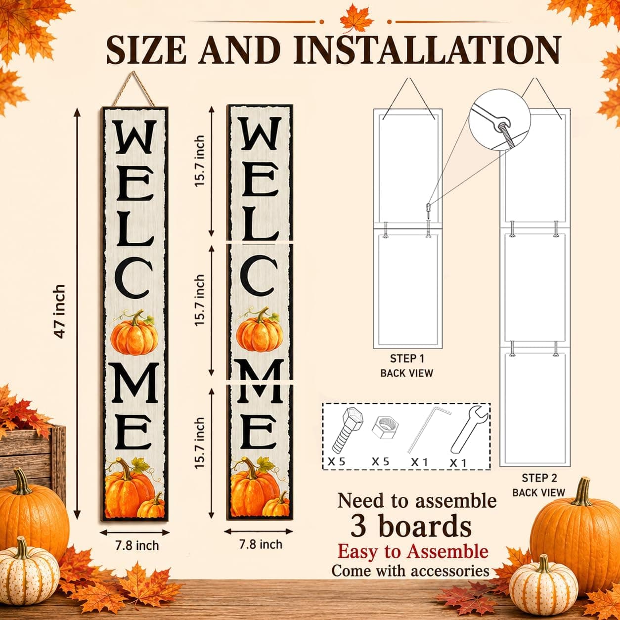 Fall Porch Sign 47 x 7.8 inch Wooden Pumpkin Welcome Sign Season Decor — photo 2
