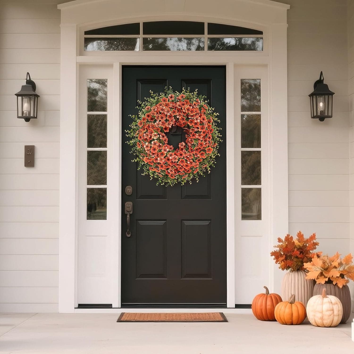 26" Large Artificial Silk Flower Eucalyptus Wreath for Outdoor(Fall Orange) — photo 3