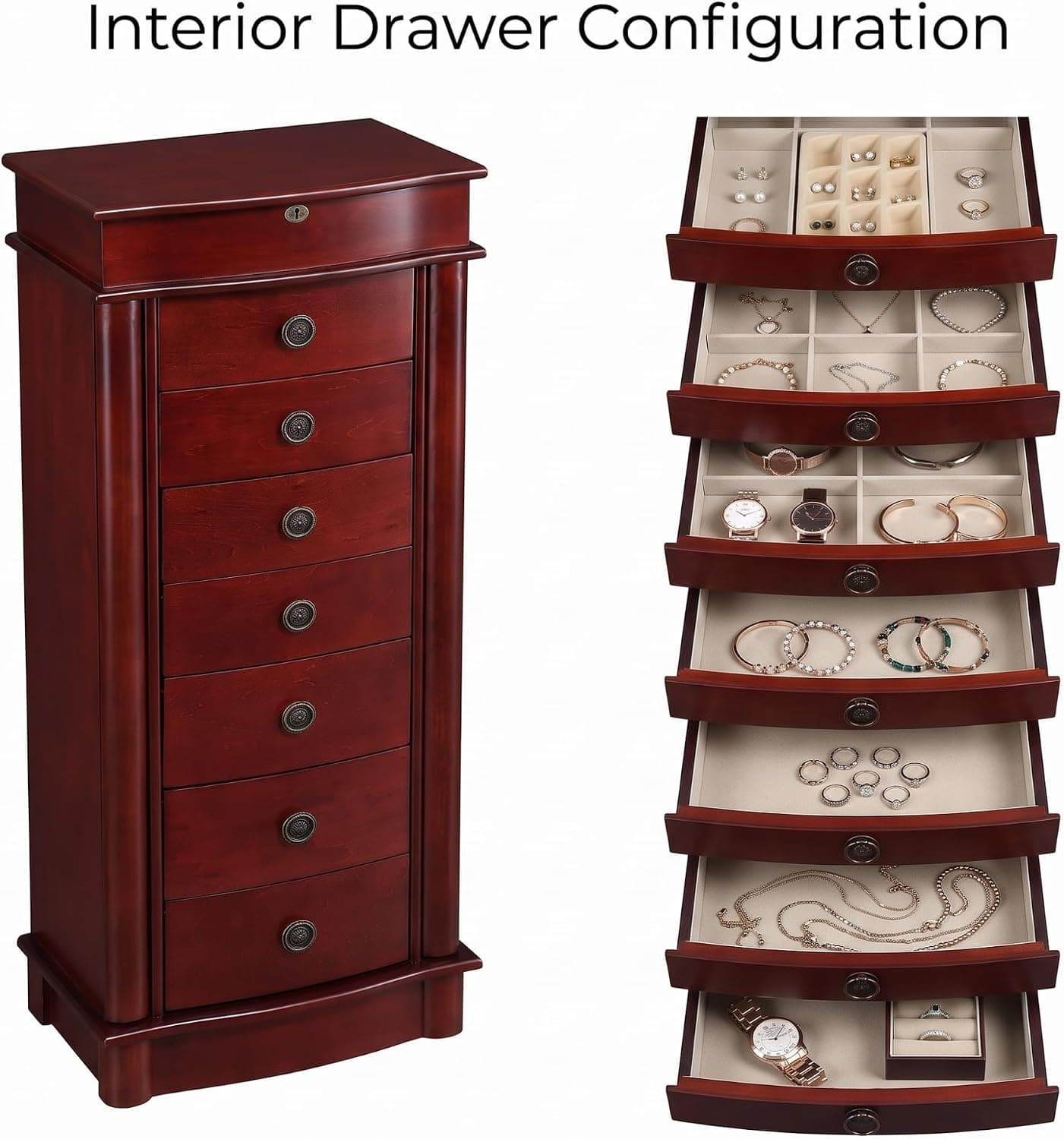 Hives and HoneyNoelle Standing Jewelry Armoire, Locking Organizer with Mirror, 7 Drawers, Side Doors, Necklace Hooks, Ring Rolls, Jewelry Box for Earrings, Bracelets, and More, Cherry — photo 6
