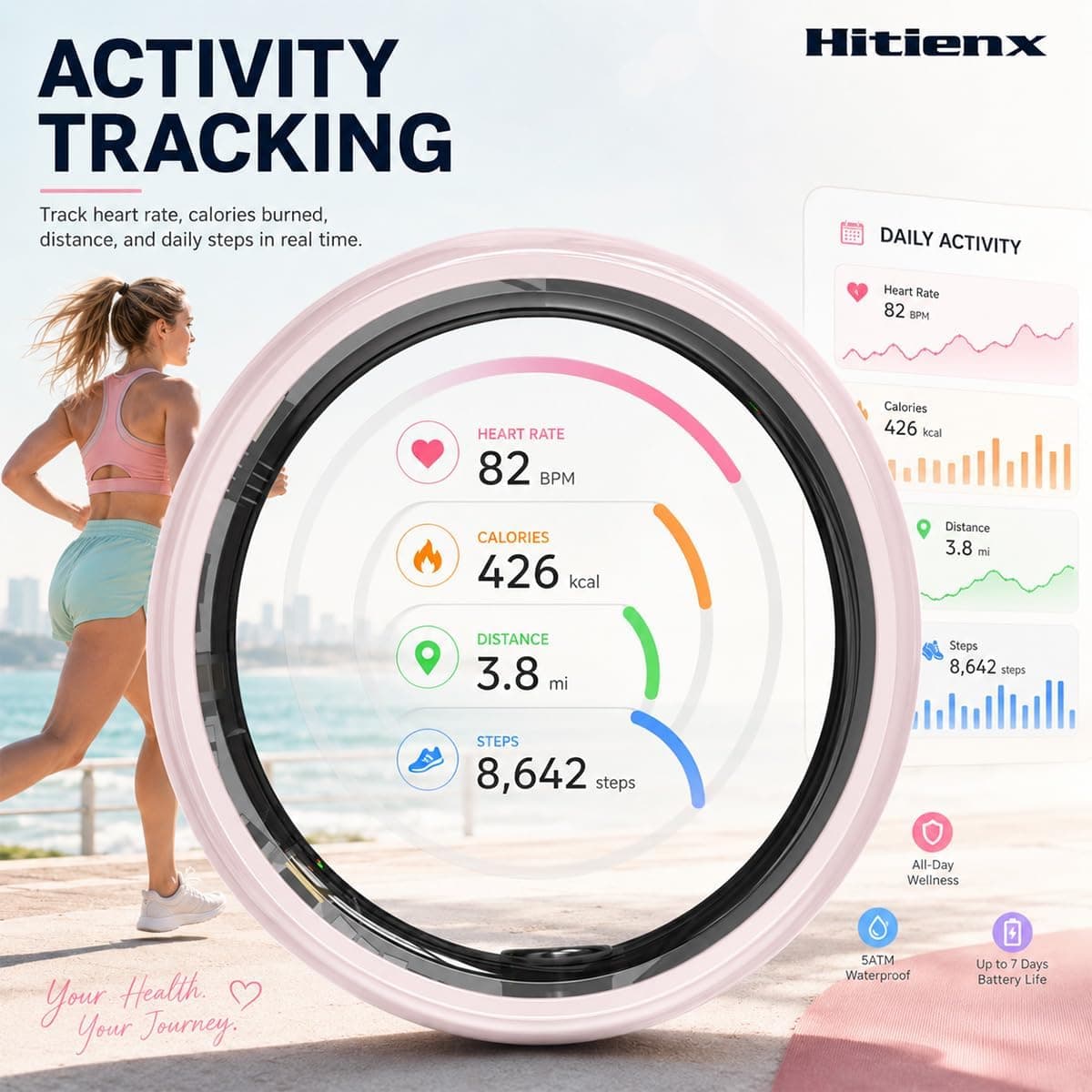 Ceramic Smart Ring 4 for Women, Sleep & Fitness Tracker (Pink, 9) — photo 5