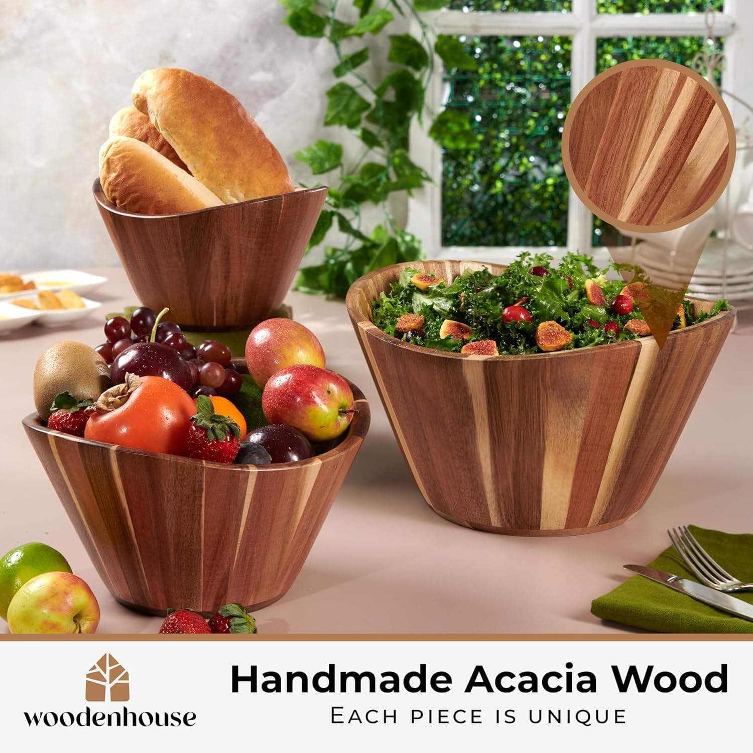 Wooden Salad Bowl Set of 3, Wavy 12" 10" 8" Wood Serving & Mixing Bowls — photo 2