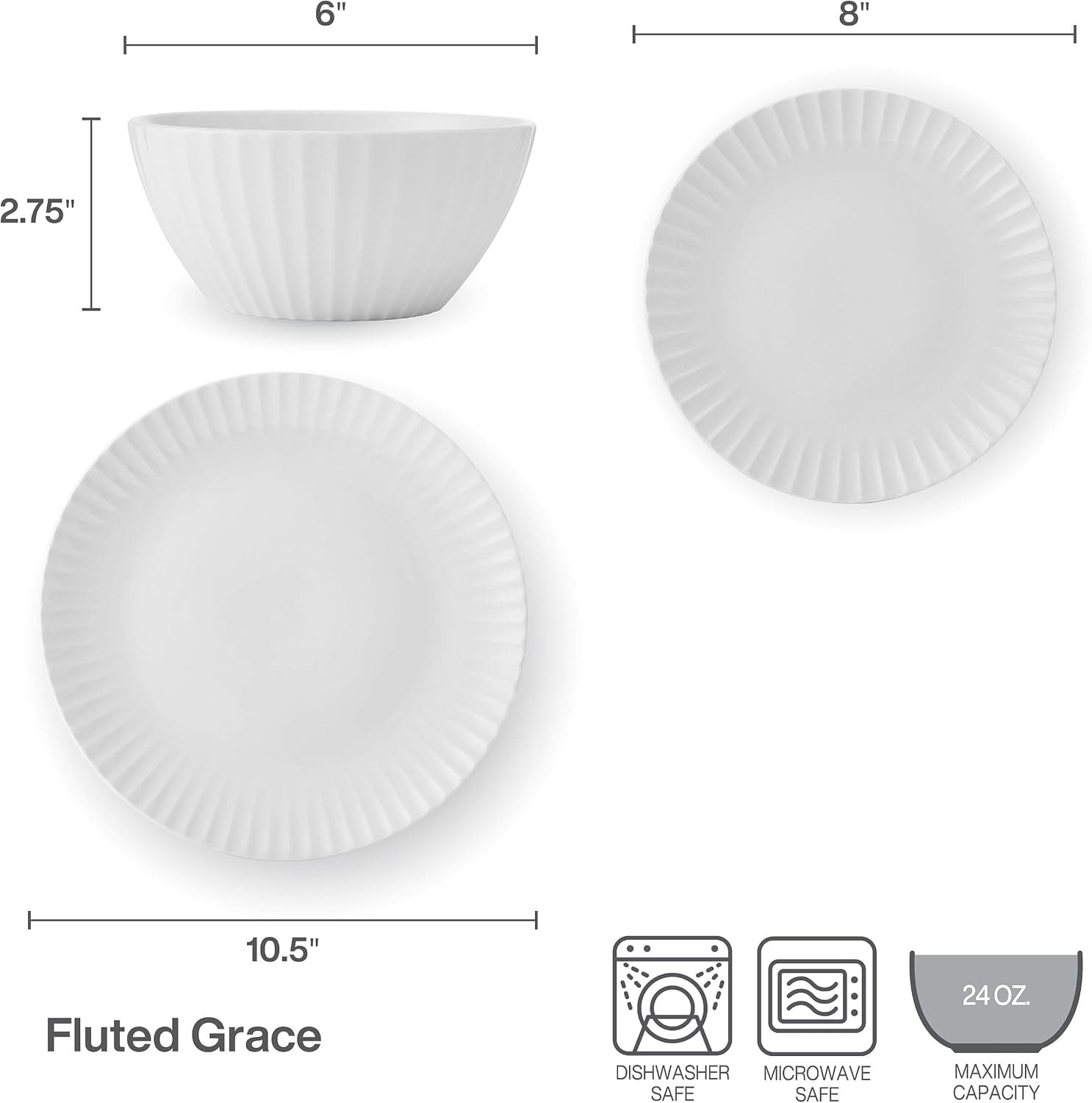 Pfaltzgraff Fluted Grace 24 Piece Porcelain Plate and Bowl Dinnerware Set, Service for 8, Fluted Design, Durable for Everyday Use, White — photo 3