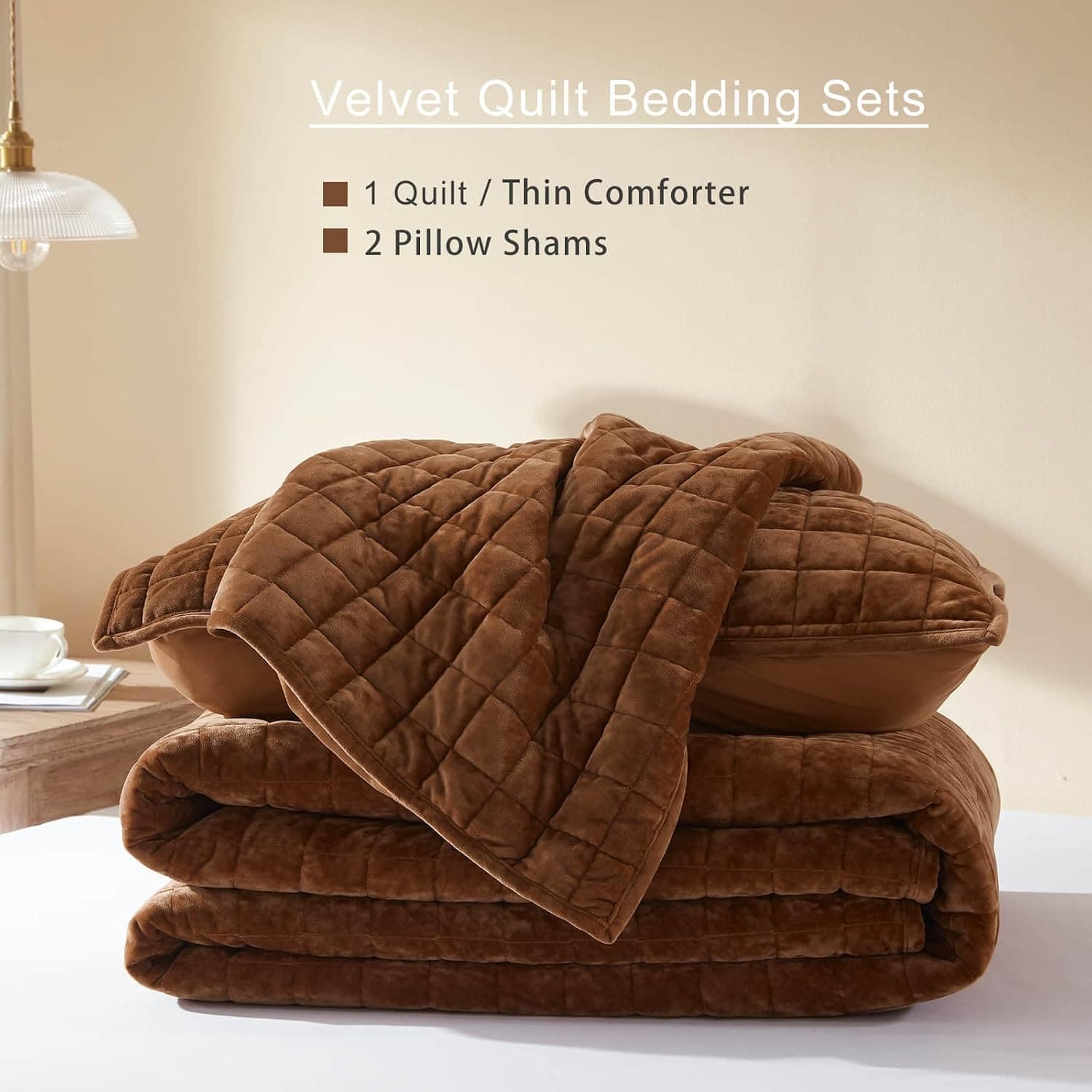Velvet Quilt California King-118''x106'', Lightweight Caramel Velvet Comforter Set with 2 Pillow Shams, Soft Oversized Bedspread Coverlet Quilted Bedding Set for All Season — photo 6
