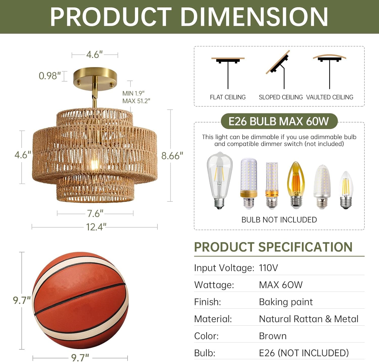 12.4" Rattan Pendant Light for Kitchen Island, Boho Chandelier — photo 5