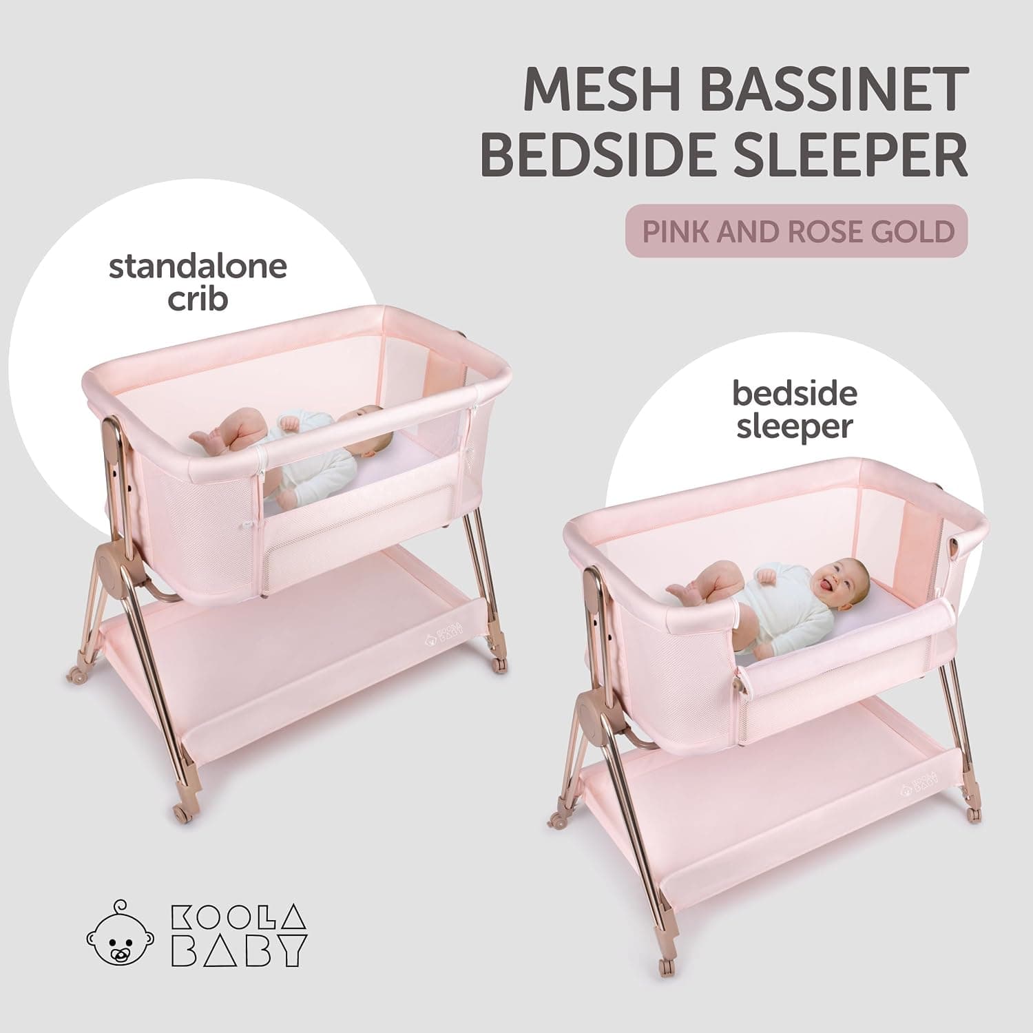 KOOLABABY Baby Bedside Sleeper - Bassinet & Bedside Crib with Height Adjustment & Wheels - Can Be Placed Next to Bed - Attaches to Parents Bed - Easy to Fold & Carry Bassinet for Girls (Pink) — photo 2