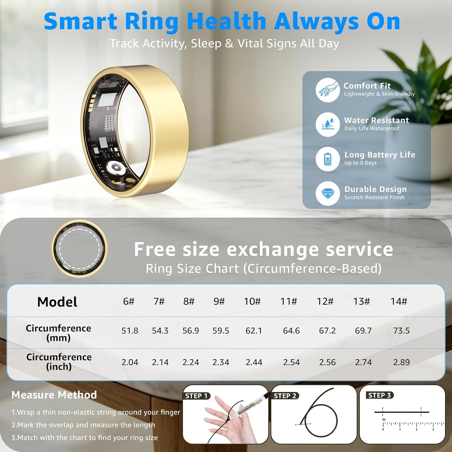 Smart Ring No Subscription, Health Tracker Ring for Women (Gold, 10#) — photo 2