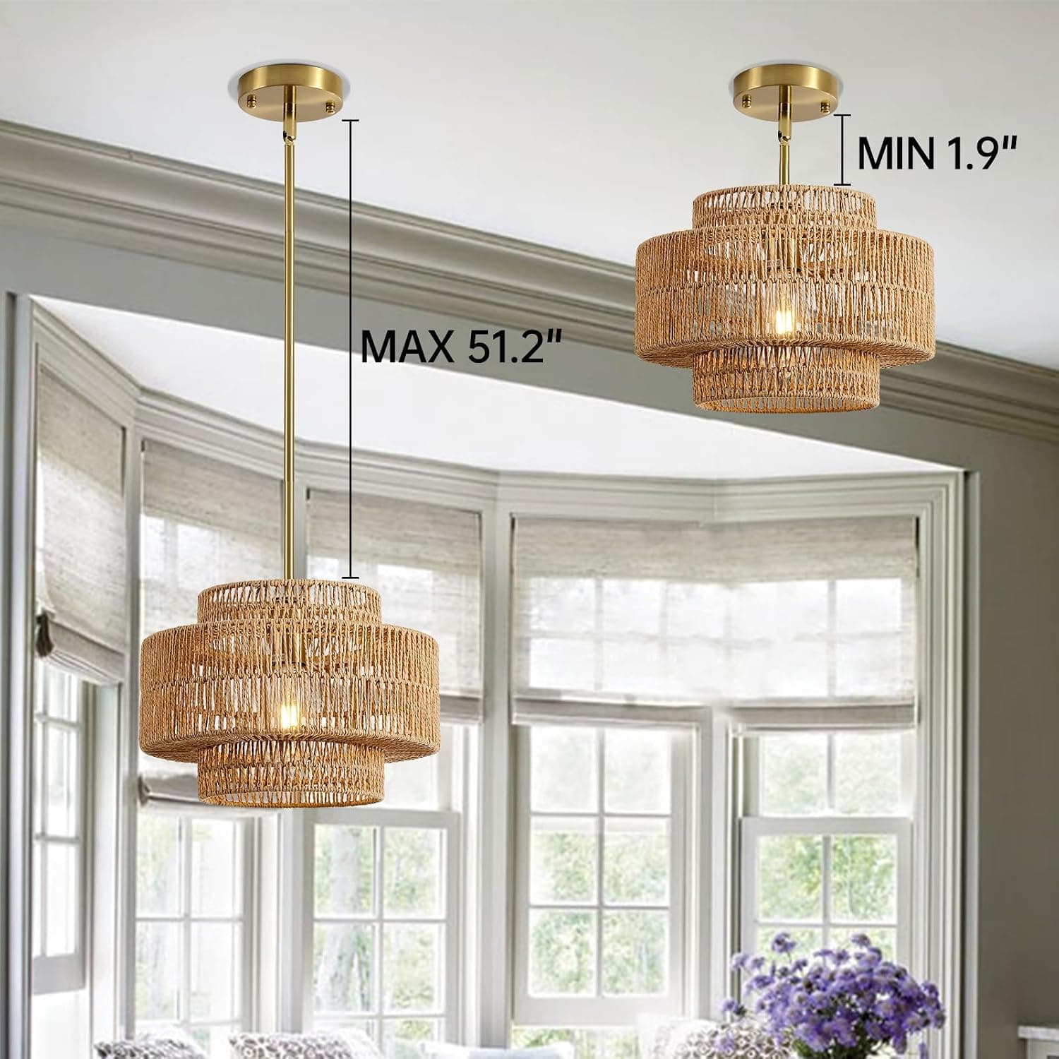 12.4" Rattan Pendant Light for Kitchen Island, Boho Chandelier — photo 8