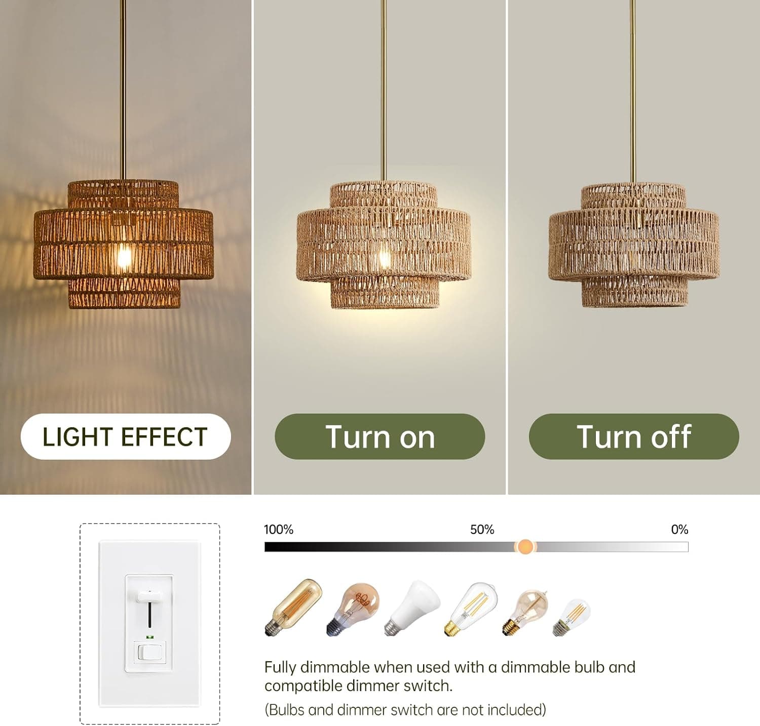 12.4" Rattan Pendant Light for Kitchen Island, Boho Chandelier — photo 4