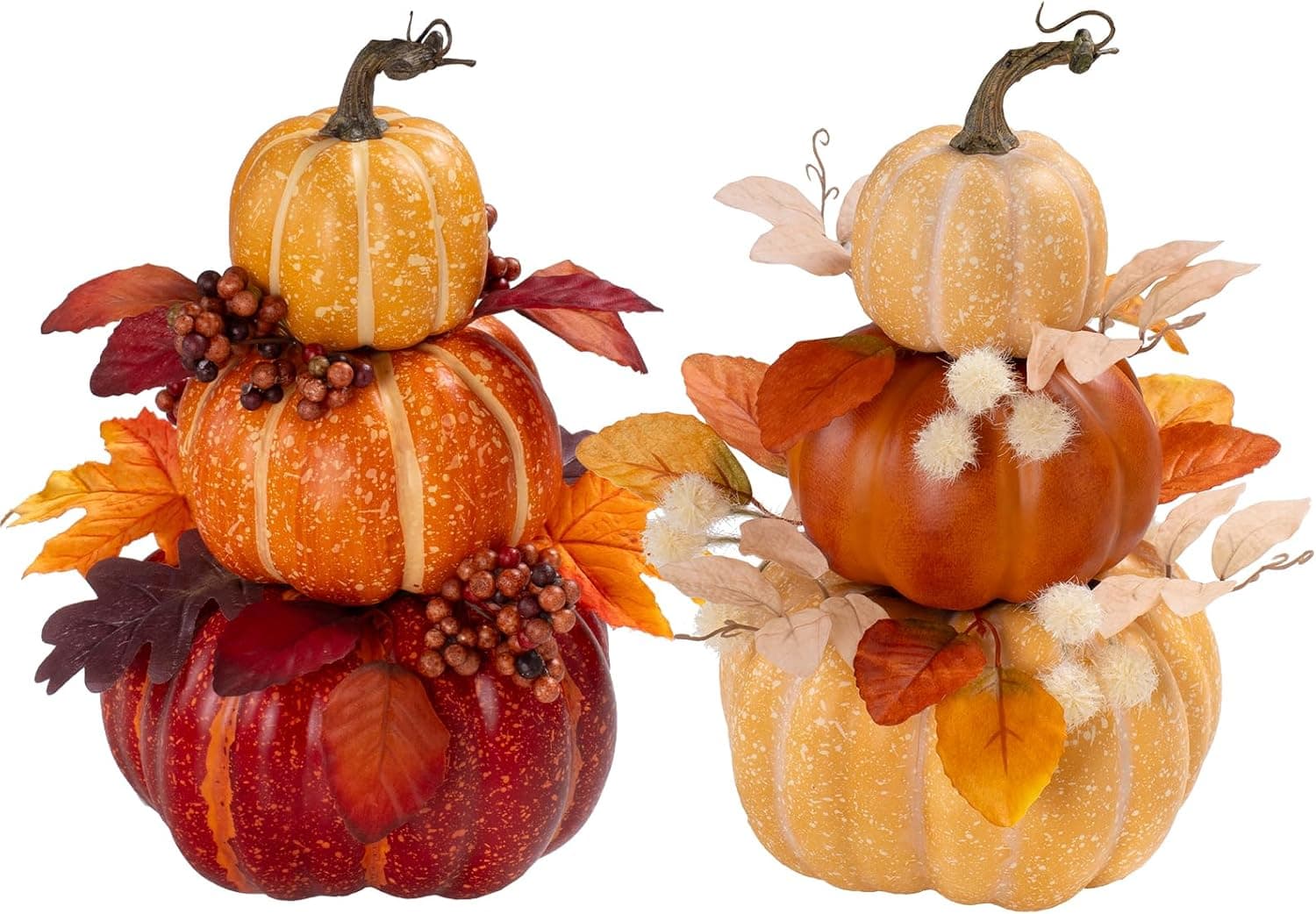 2Pcs 14" Large Stacked Pumpkin Tower Decor, Light Yellow & Orange Hard Foam Artificial Pumpkin Topiaries with Maple Leaves Wheat, Fall Ornament for Halloween Thanksgiving Table Porch Decor