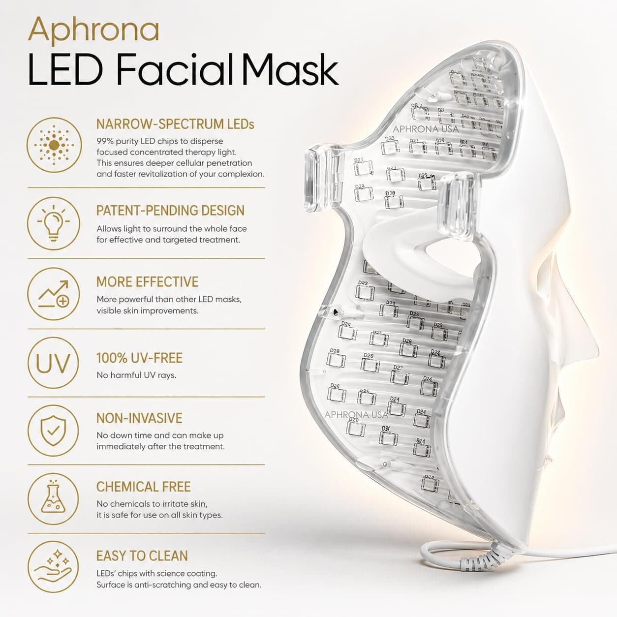 Aphrona FDA cleared LED Facial Mask MOONLIGHT PRO 7 Color Treatment Photon Mask, Red light Blue light for Acne Removal Wrinkle Reduction, led light therapy for face, 450 Powerful LED Chips (White) — photo 8