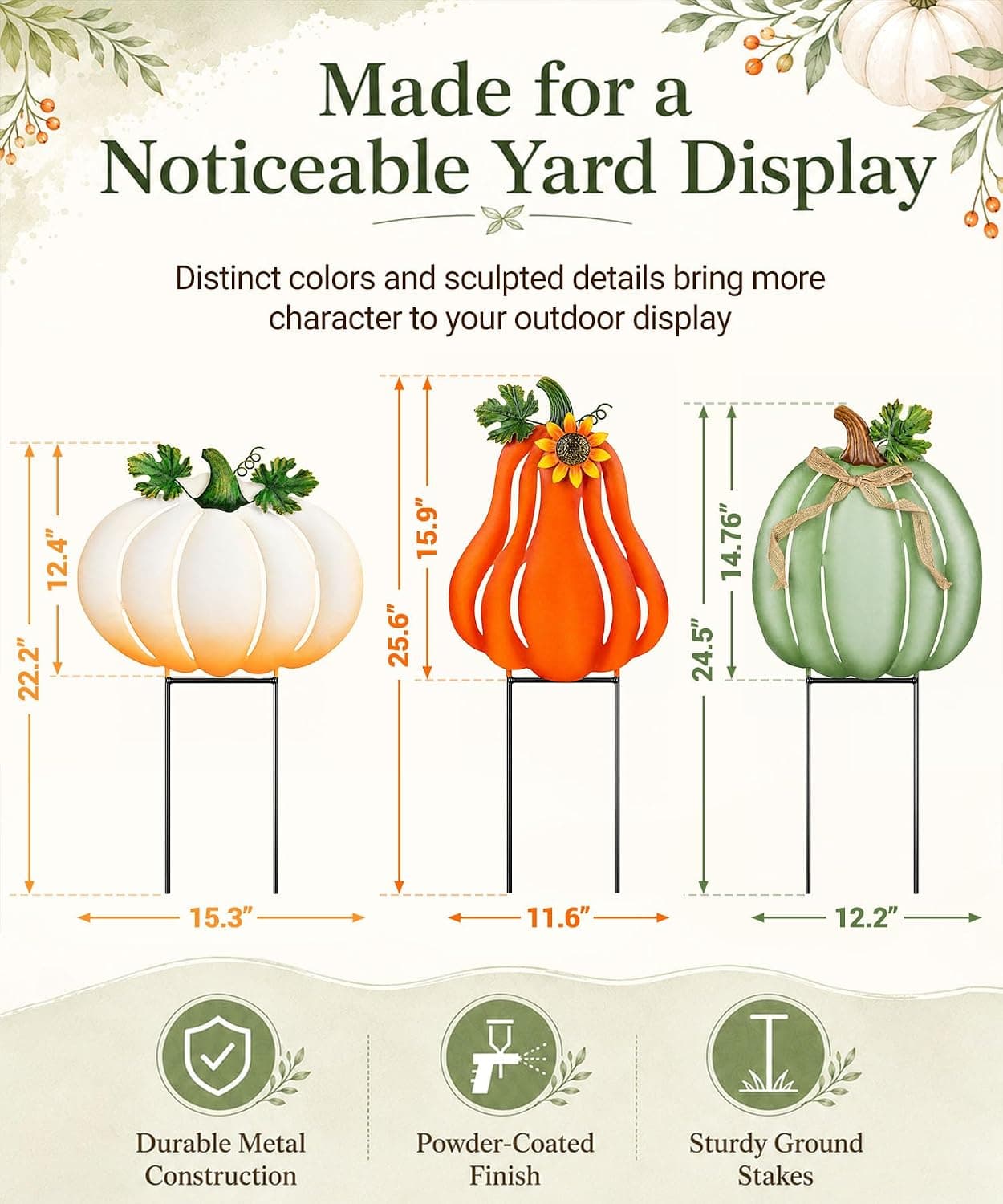 Fall Outdoor Decor Metal Pumpkin Yard Stakes - Large Outdoor Pumpkin Decor with Sunflower, Leaves & Bow, Tall Fall Yard Decor for Porch Garden Lawn Autumn Thanksgiving Decorations Set of 3 — photo 3