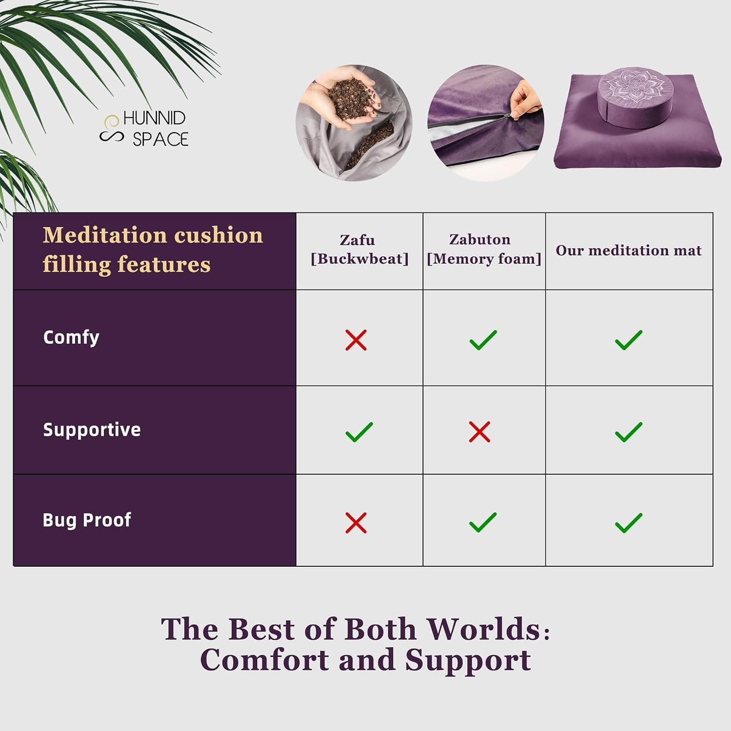 Meditation Cushion Set Zafu & Zabuton – Buckwheat Hull & Memory Foam, Adjustable Floor Pillow for Yoga, Meditation & Sitting, Removable Velvet Cover (Purple) — photo 3
