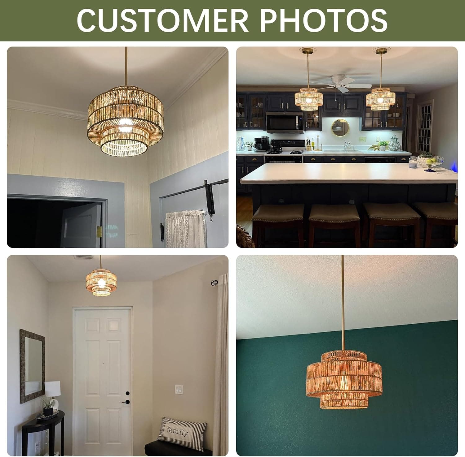 12.4" Rattan Pendant Light for Kitchen Island, Boho Chandelier — photo 7