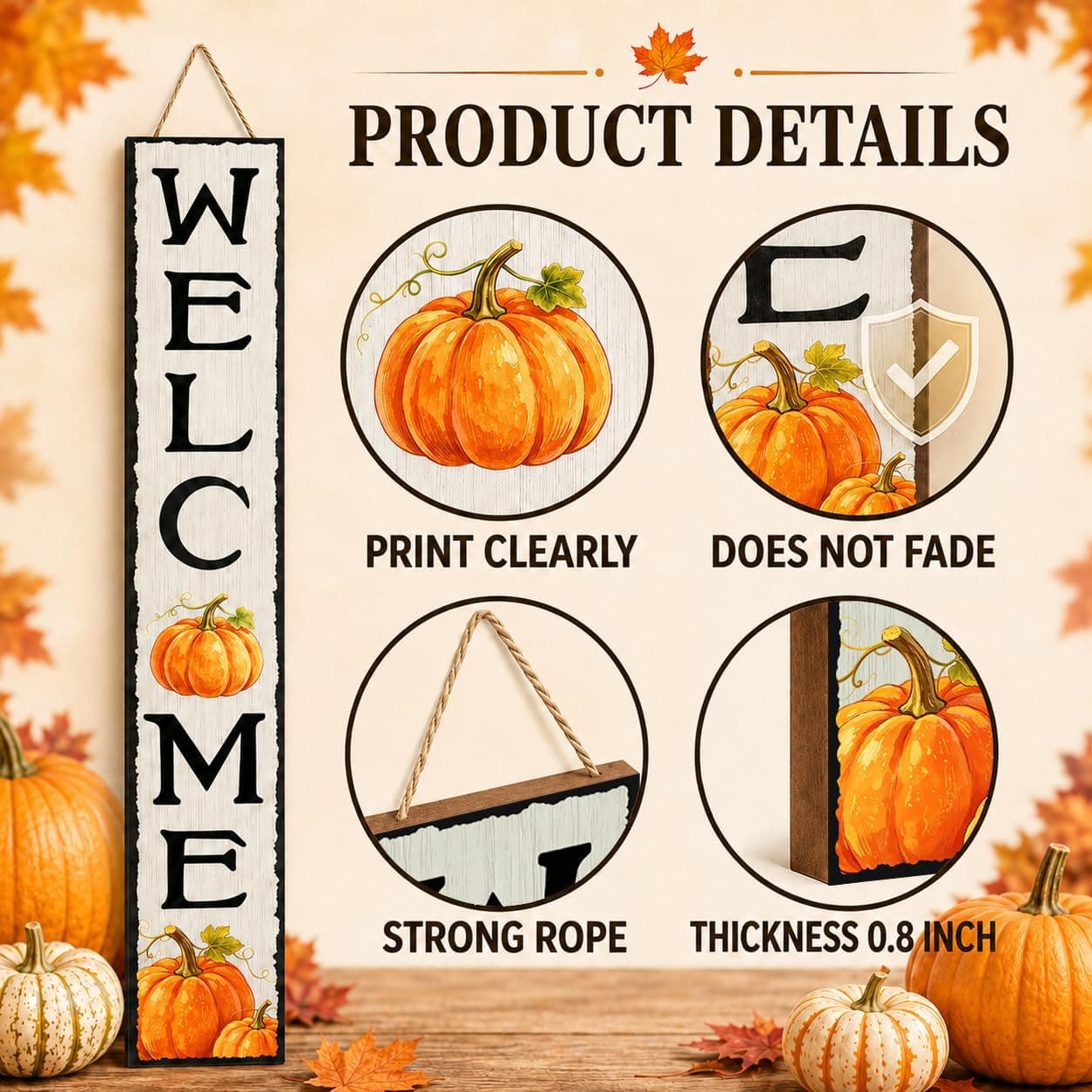 Fall Porch Sign 47 x 7.8 inch Wooden Pumpkin Welcome Sign Season Decor — photo 3