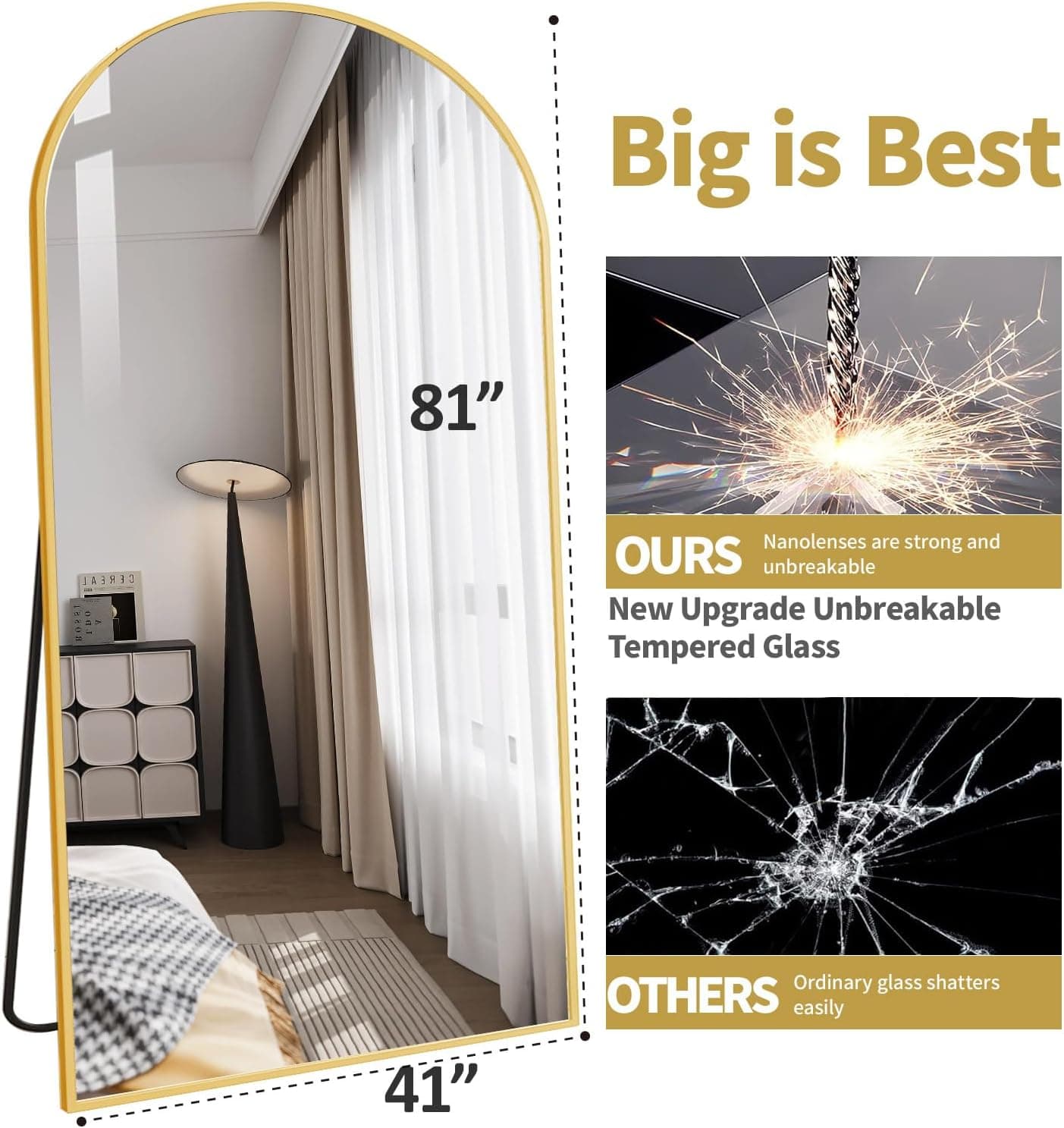 DMWOODFL 81"x41" Arched Full Length Mirror - Extra Large Floor Standing/Wall Mounted Mirror with Stand, Shatter-Resistant Gold Aluminum Frame for Bedroom, Living Room & Dressing Area — photo 2