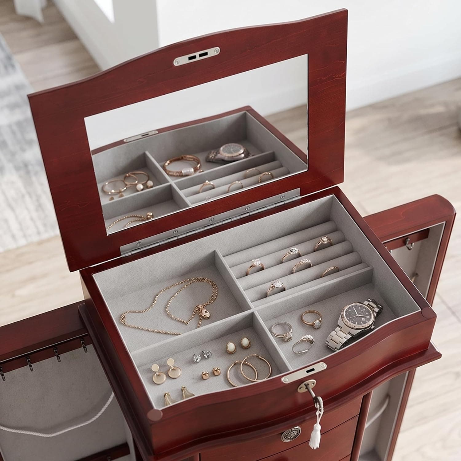Hives and HoneyNoelle Standing Jewelry Armoire, Locking Organizer with Mirror, 7 Drawers, Side Doors, Necklace Hooks, Ring Rolls, Jewelry Box for Earrings, Bracelets, and More, Cherry — photo 3