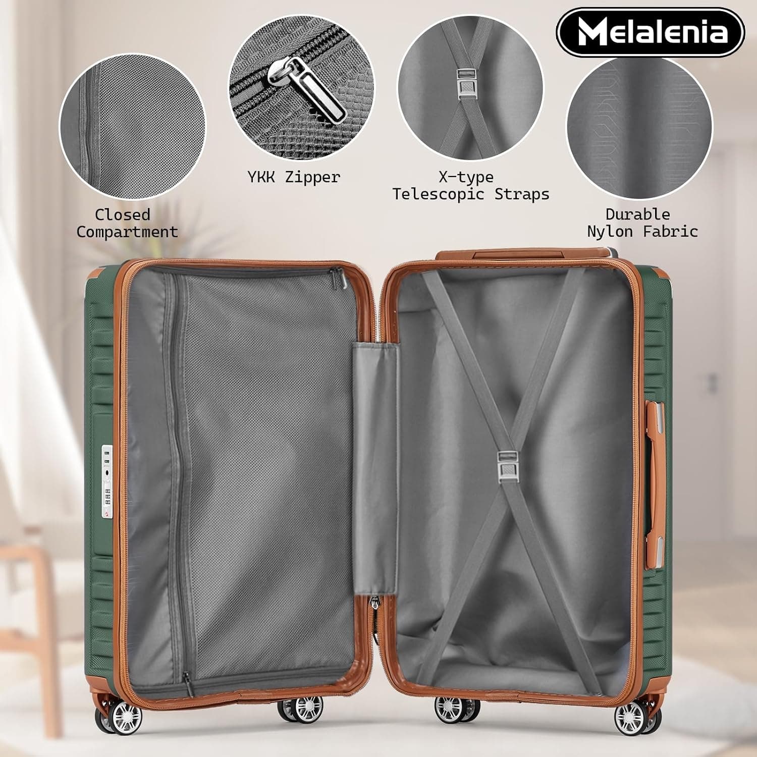 MelaleniaLuggage Sets 7 Piece Hard Shell Carry on Suitcase with Spinner Wheels and TSA Lock, Lightweight Travel Duffel Bag for Women, Men, Green Brown — photo 6