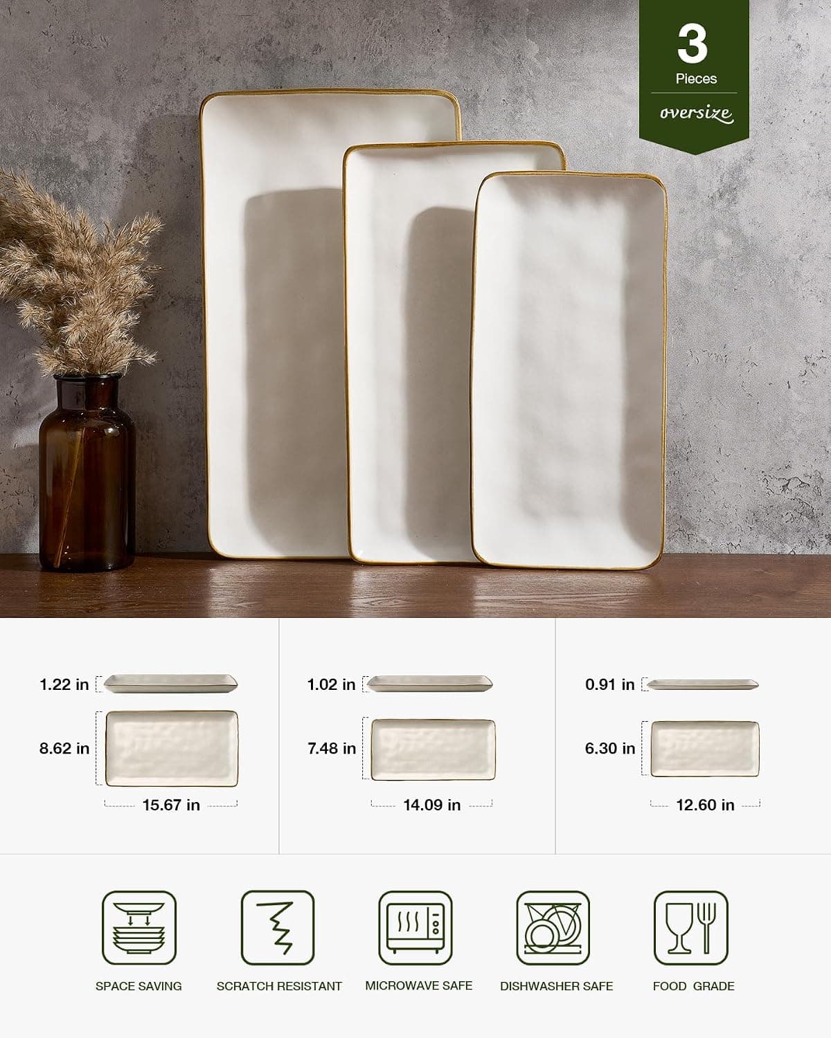Famiware Serving Platters Set of 3 Sizes - Rectangular, Matte White — photo 2