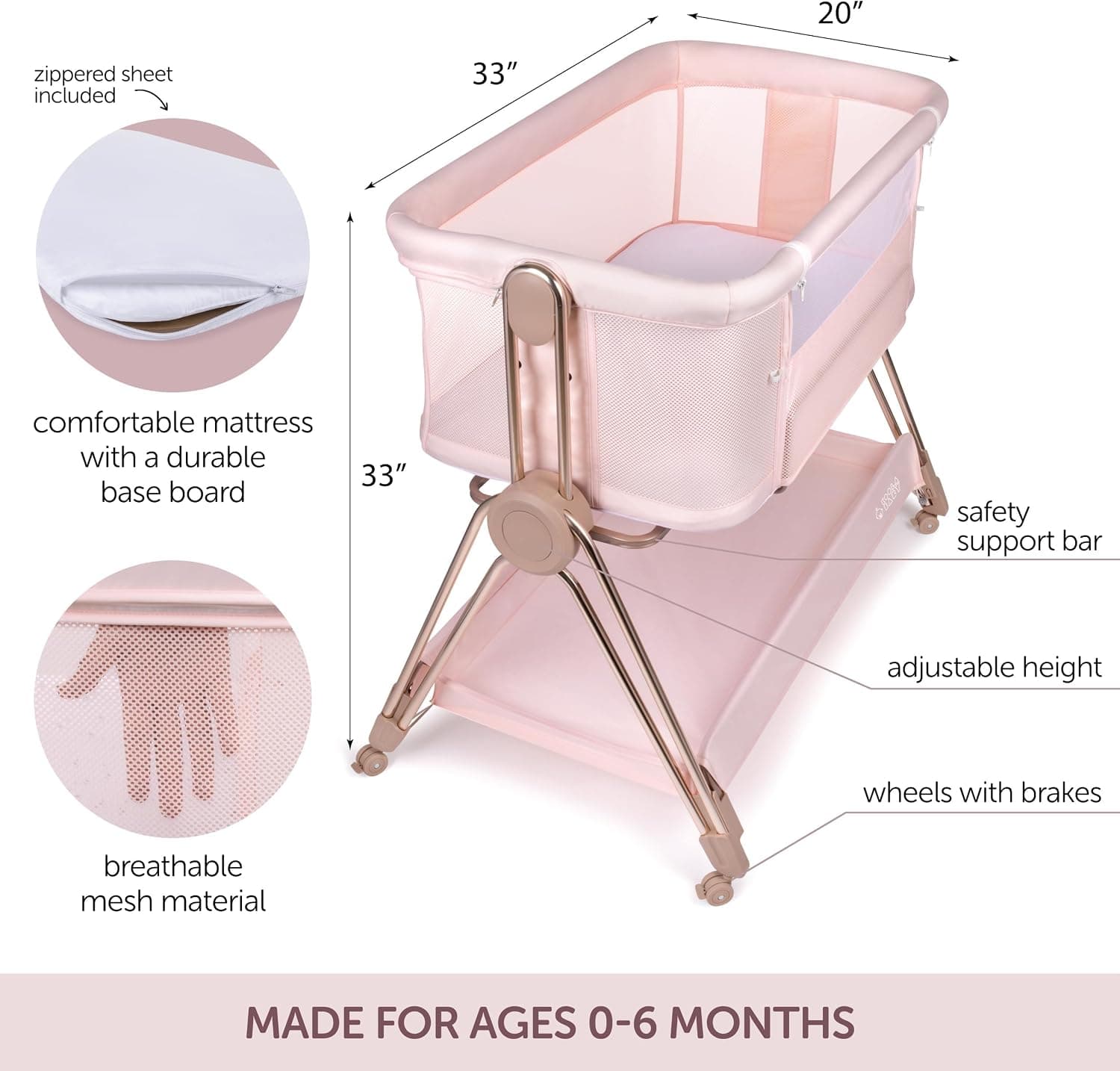 KOOLABABY Baby Bedside Sleeper - Bassinet & Bedside Crib with Height Adjustment & Wheels - Can Be Placed Next to Bed - Attaches to Parents Bed - Easy to Fold & Carry Bassinet for Girls (Pink) — photo 6