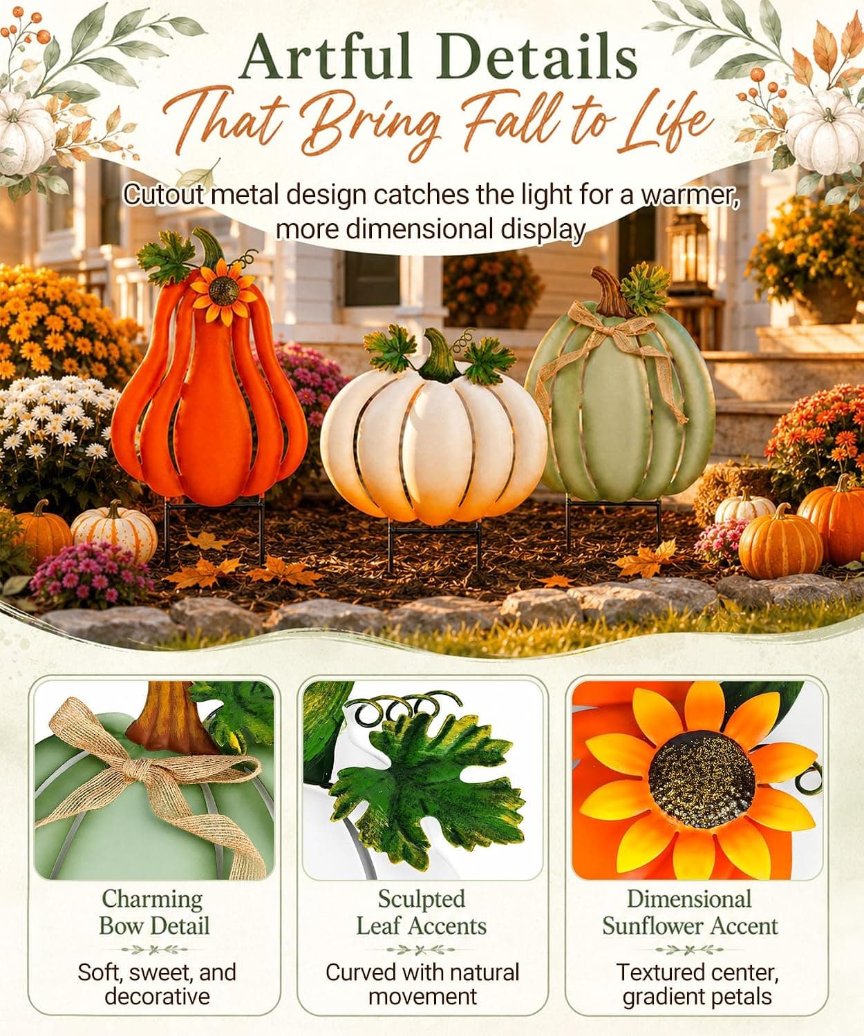 Fall Outdoor Decor Metal Pumpkin Yard Stakes - Large Outdoor Pumpkin Decor with Sunflower, Leaves & Bow, Tall Fall Yard Decor for Porch Garden Lawn Autumn Thanksgiving Decorations Set of 3 — photo 4