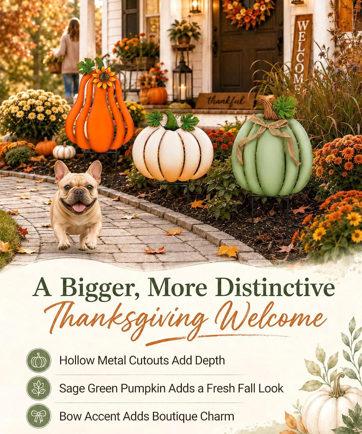 Fall Outdoor Decor Metal Pumpkin Yard Stakes - Large Outdoor Pumpkin Decor with Sunflower, Leaves & Bow, Tall Fall Yard Decor for Porch Garden Lawn Autumn Thanksgiving Decorations Set of 3 — photo 6