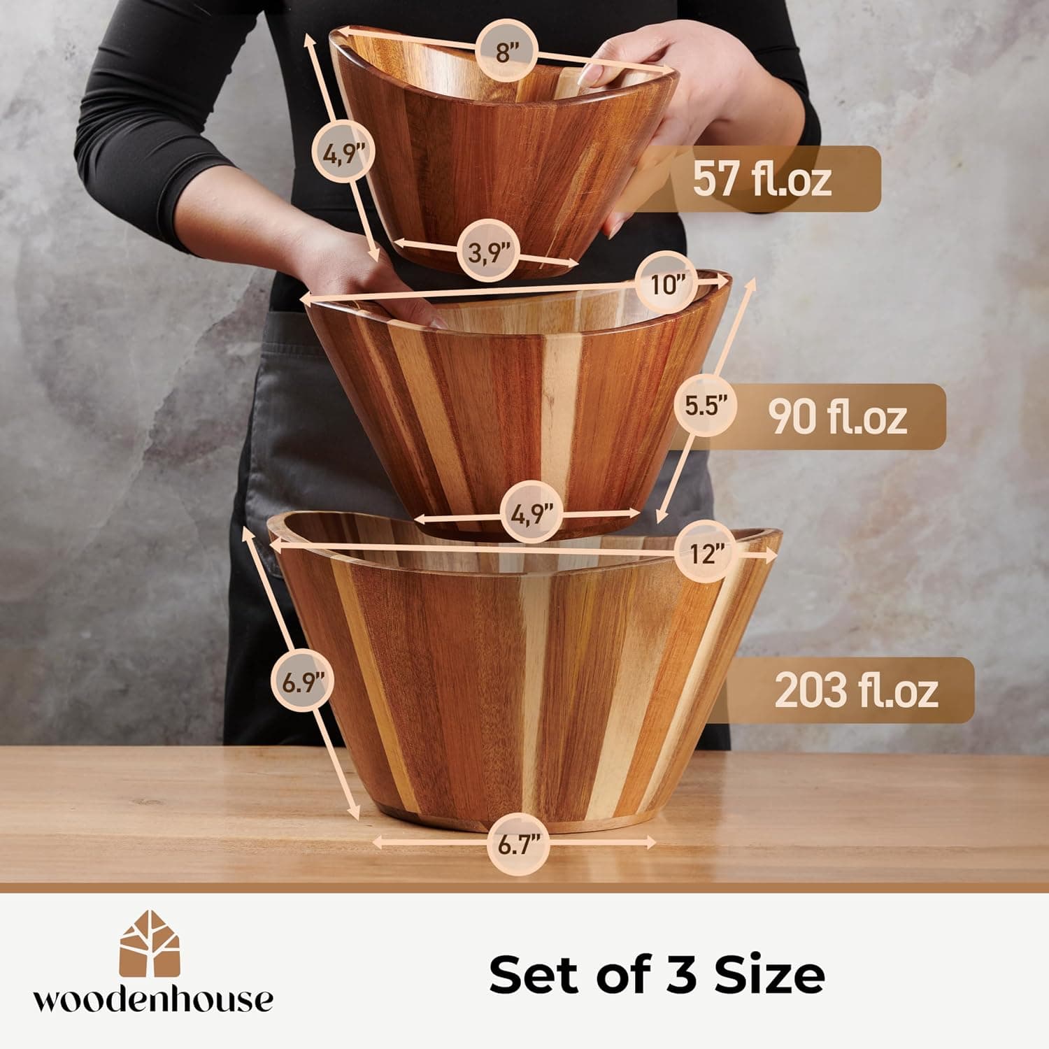 Wooden Salad Bowl Set of 3, Wavy 12" 10" 8" Wood Serving & Mixing Bowls — photo 4