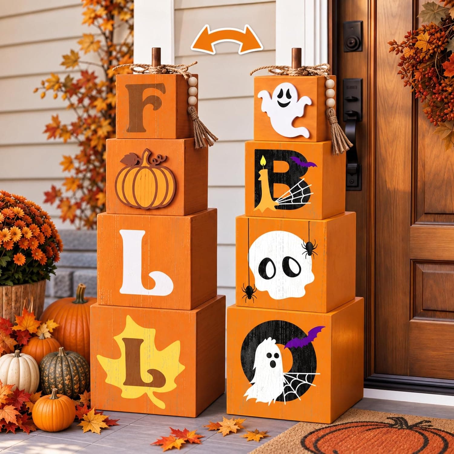 Chumia Fall Porch Outdoor Decor Stacked Pumpkin Ghost Boo Box for Halloween