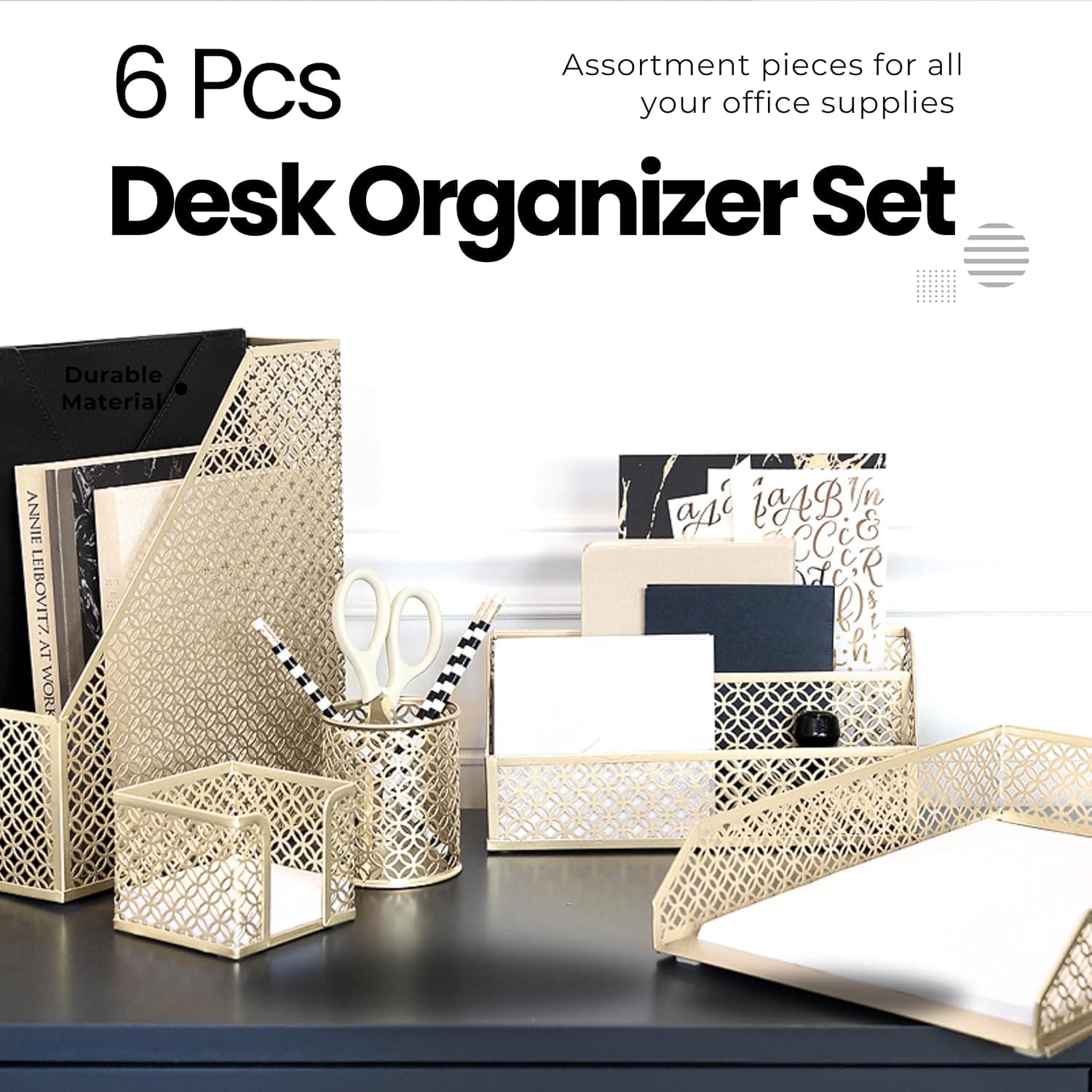 BLU MONACO | Gold Desk Organizer Set with Mail Sorter, Sticky Note Holder, Pen Cup, Magazine Holder, Letter Tray & Business Card Holder | Stylish Desk Accessories for Women & Home Office Décor — photo 3