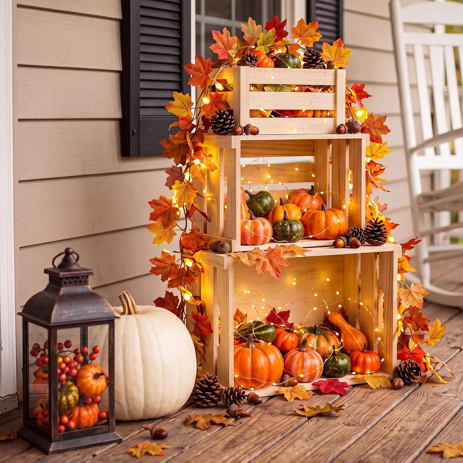 Novabright 55 Pcs Fall Front Porch Decor with 3 Wood Crates Maple Garland