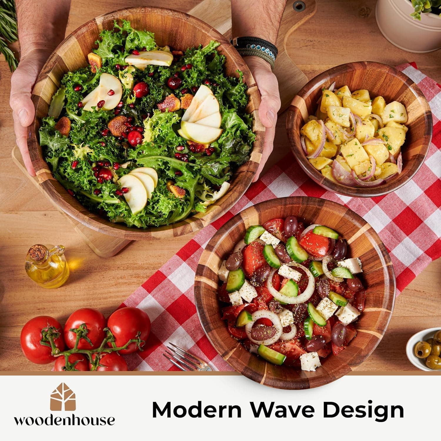 Wooden Salad Bowl Set of 3, Wavy 12" 10" 8" Wood Serving & Mixing Bowls — photo 5