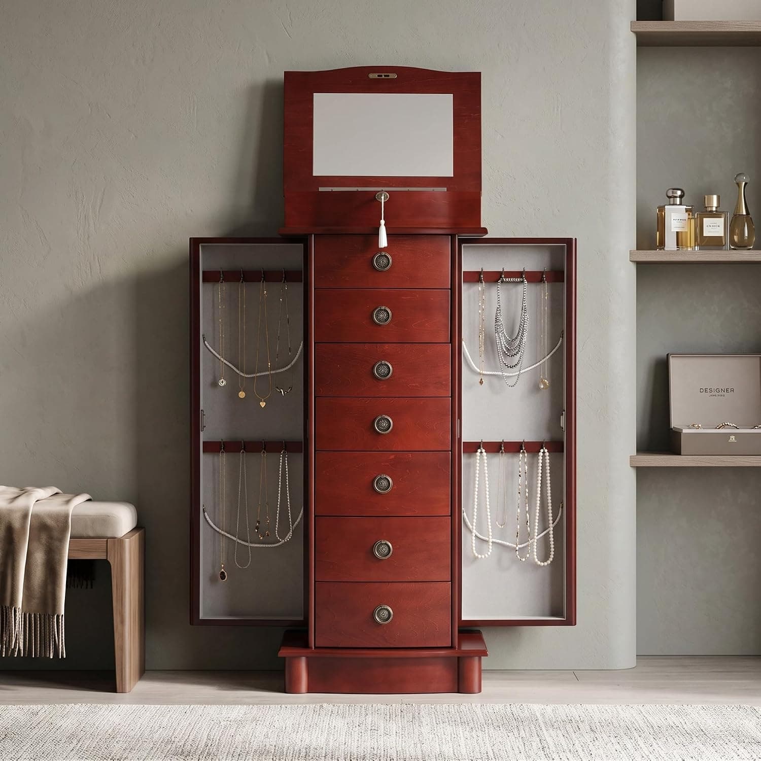 Hives and HoneyNoelle Standing Jewelry Armoire, Locking Organizer with Mirror, 7 Drawers, Side Doors, Necklace Hooks, Ring Rolls, Jewelry Box for Earrings, Bracelets, and More, Cherry — photo 2