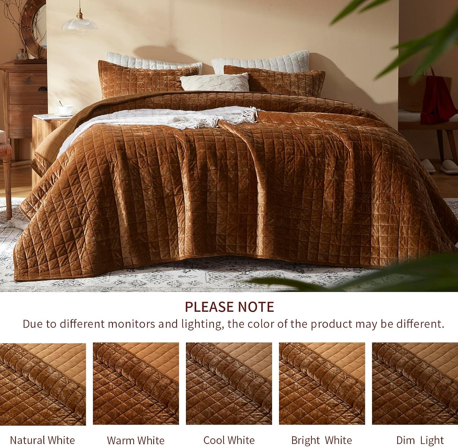 Velvet Quilt California King-118''x106'', Lightweight Caramel Velvet Comforter Set with 2 Pillow Shams, Soft Oversized Bedspread Coverlet Quilted Bedding Set for All Season — photo 4