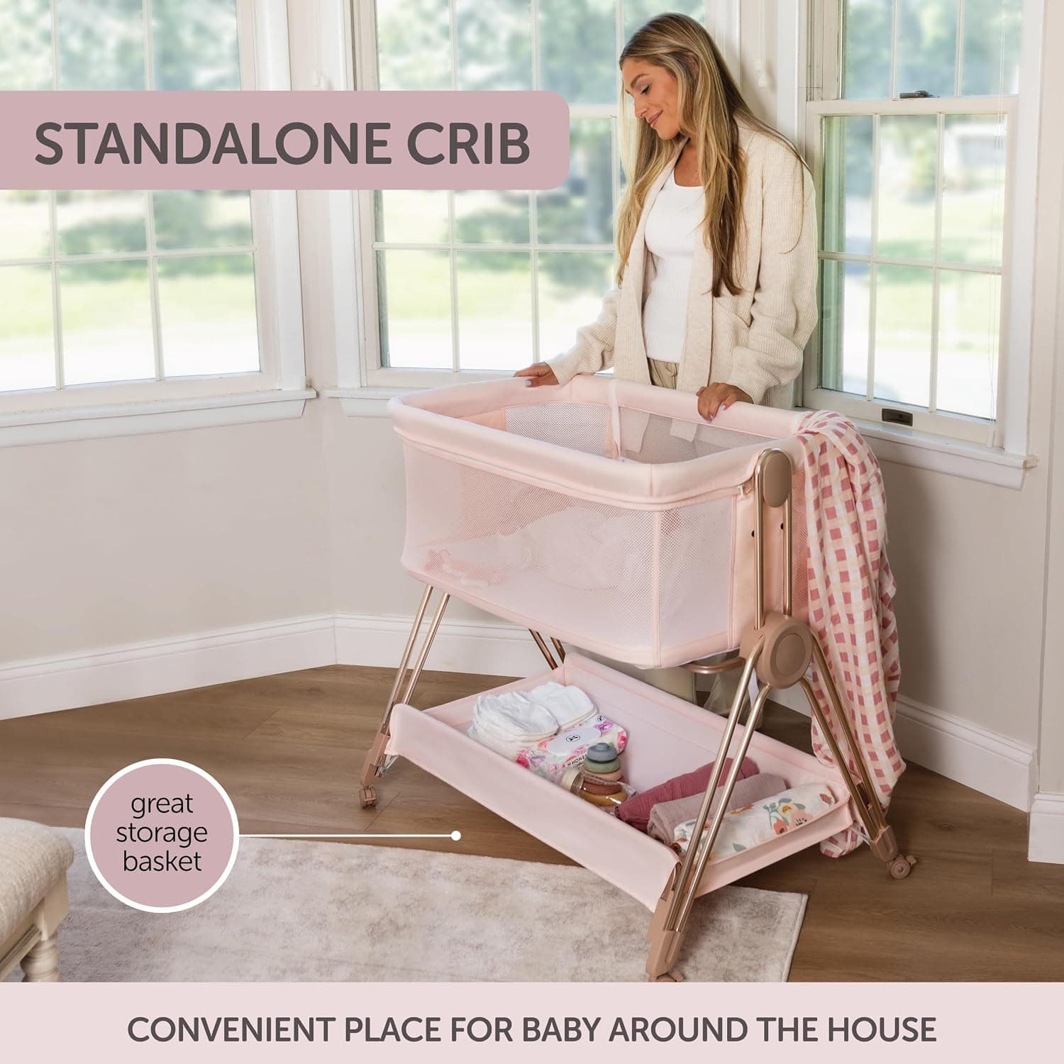 KOOLABABY Baby Bedside Sleeper - Bassinet & Bedside Crib with Height Adjustment & Wheels - Can Be Placed Next to Bed - Attaches to Parents Bed - Easy to Fold & Carry Bassinet for Girls (Pink) — photo 5