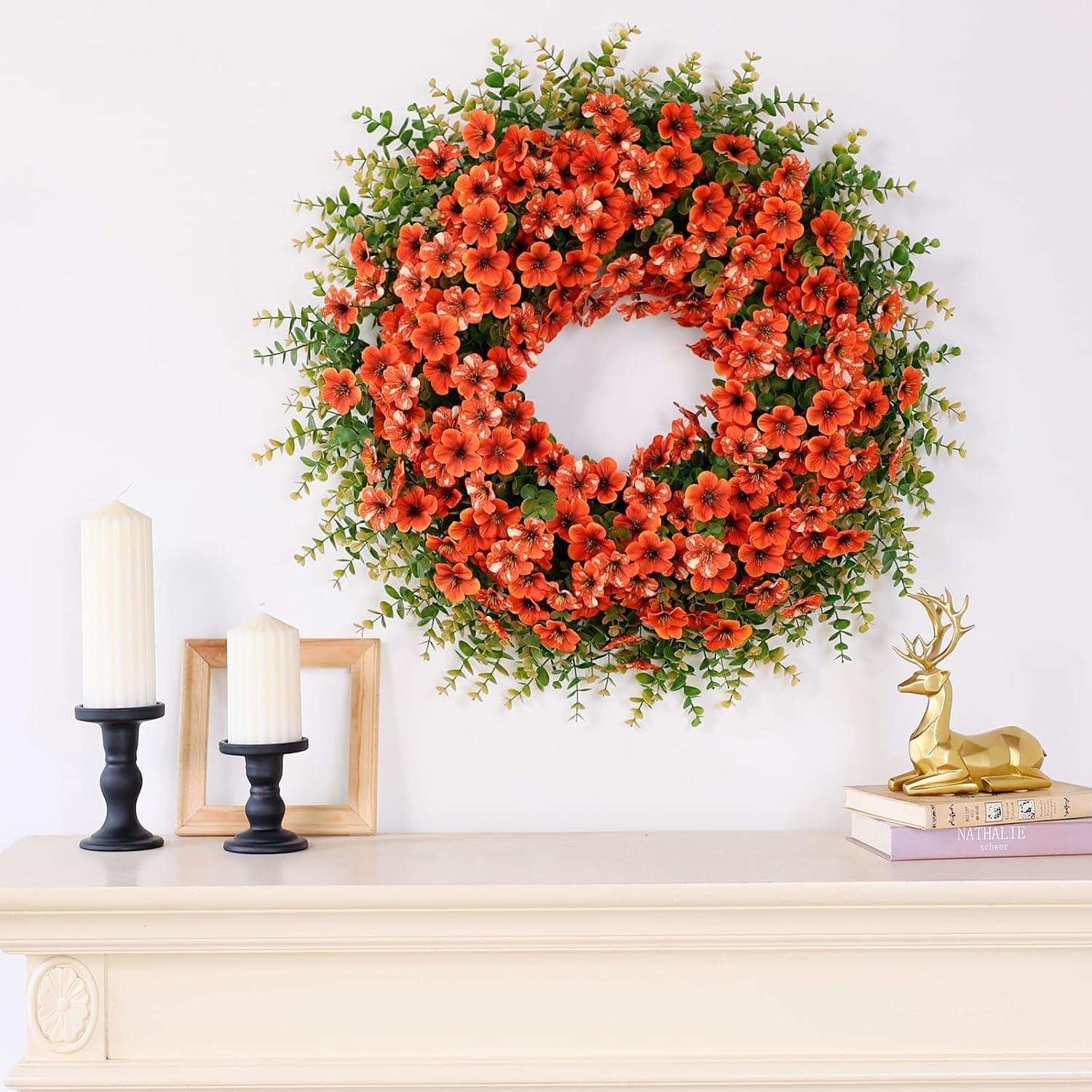 26" Large Artificial Silk Flower Eucalyptus Wreath for Outdoor(Fall Orange) — photo 5