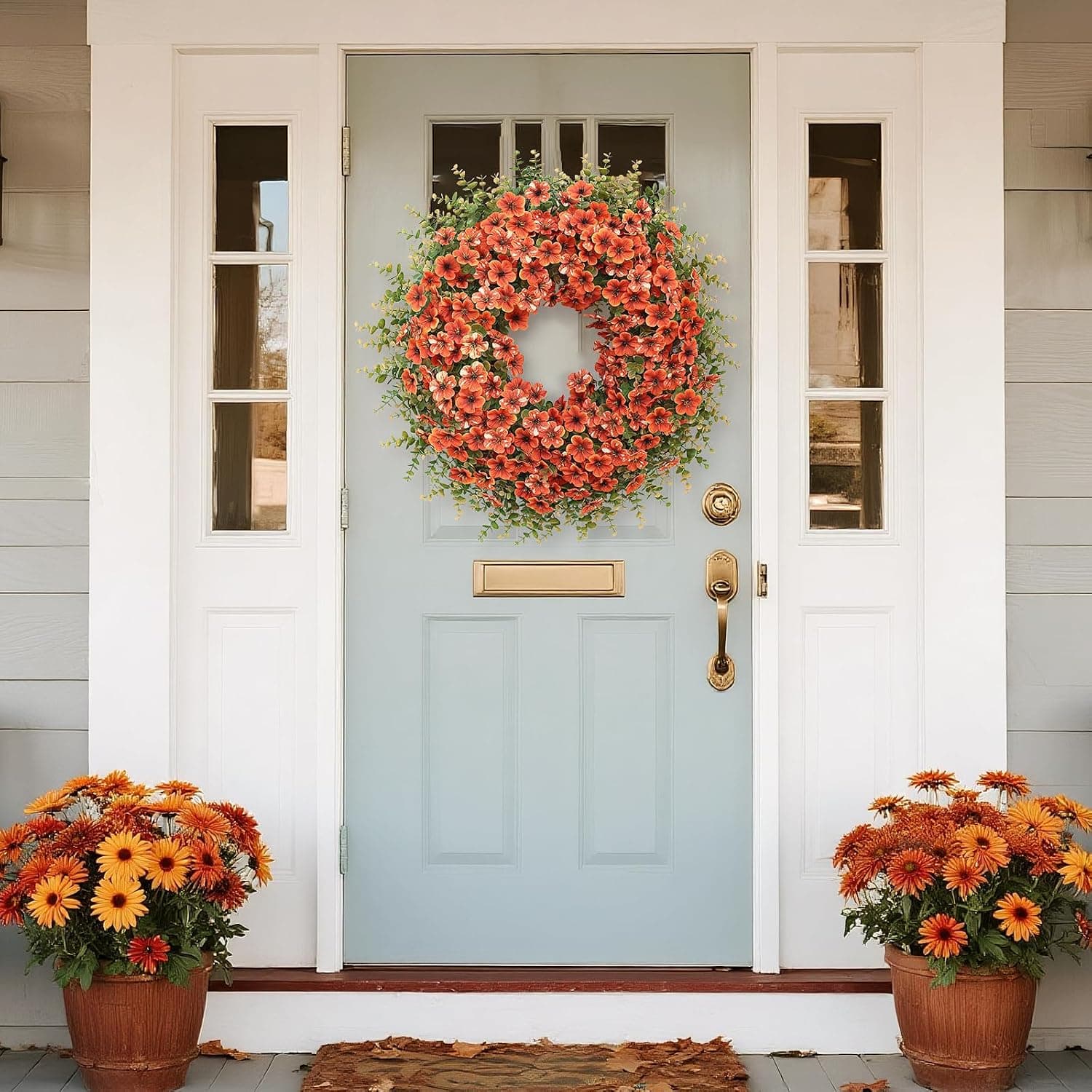 26" Large Artificial Silk Flower Eucalyptus Wreath for Outdoor(Fall Orange) — photo 2