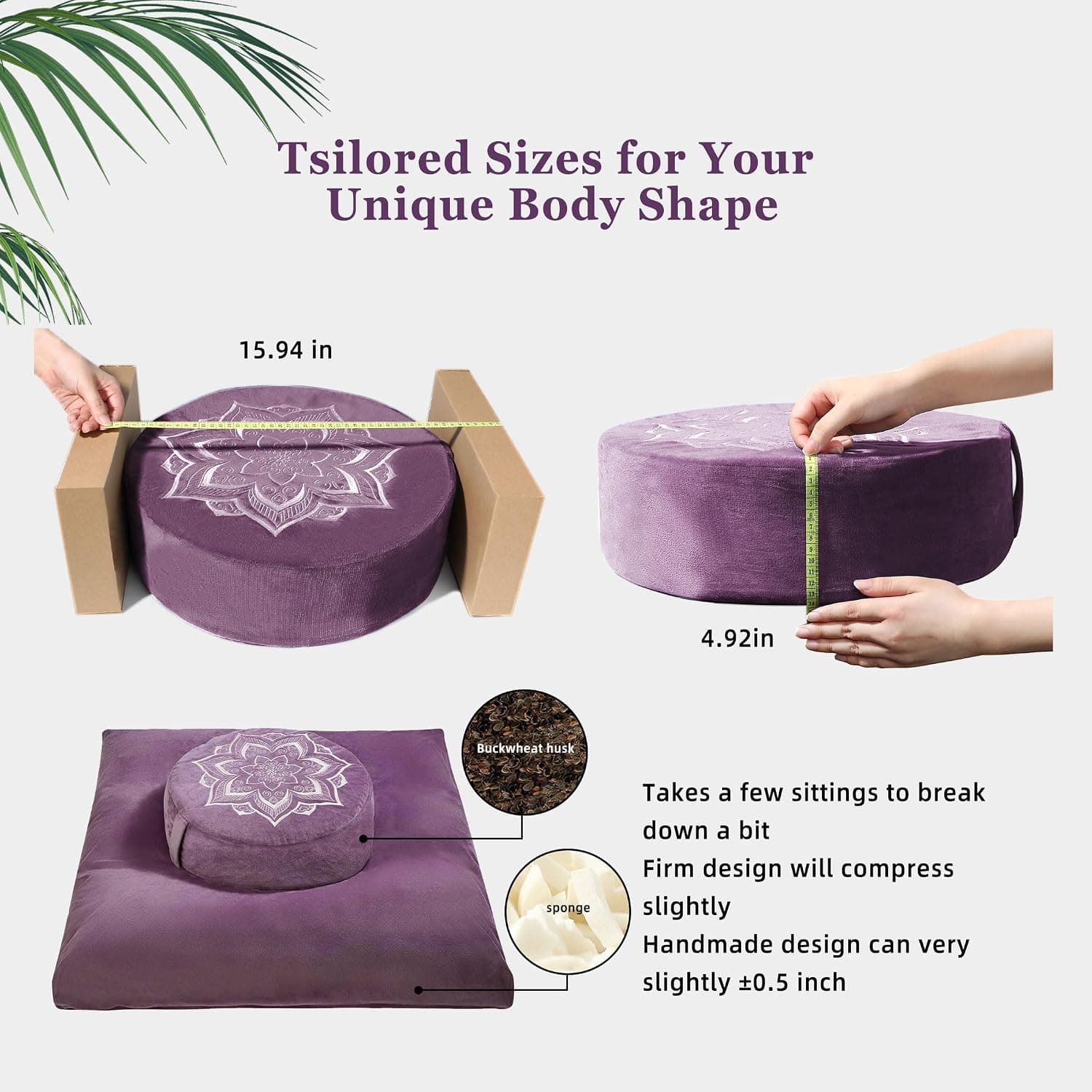 Meditation Cushion Set Zafu & Zabuton – Buckwheat Hull & Memory Foam, Adjustable Floor Pillow for Yoga, Meditation & Sitting, Removable Velvet Cover (Purple) — photo 2