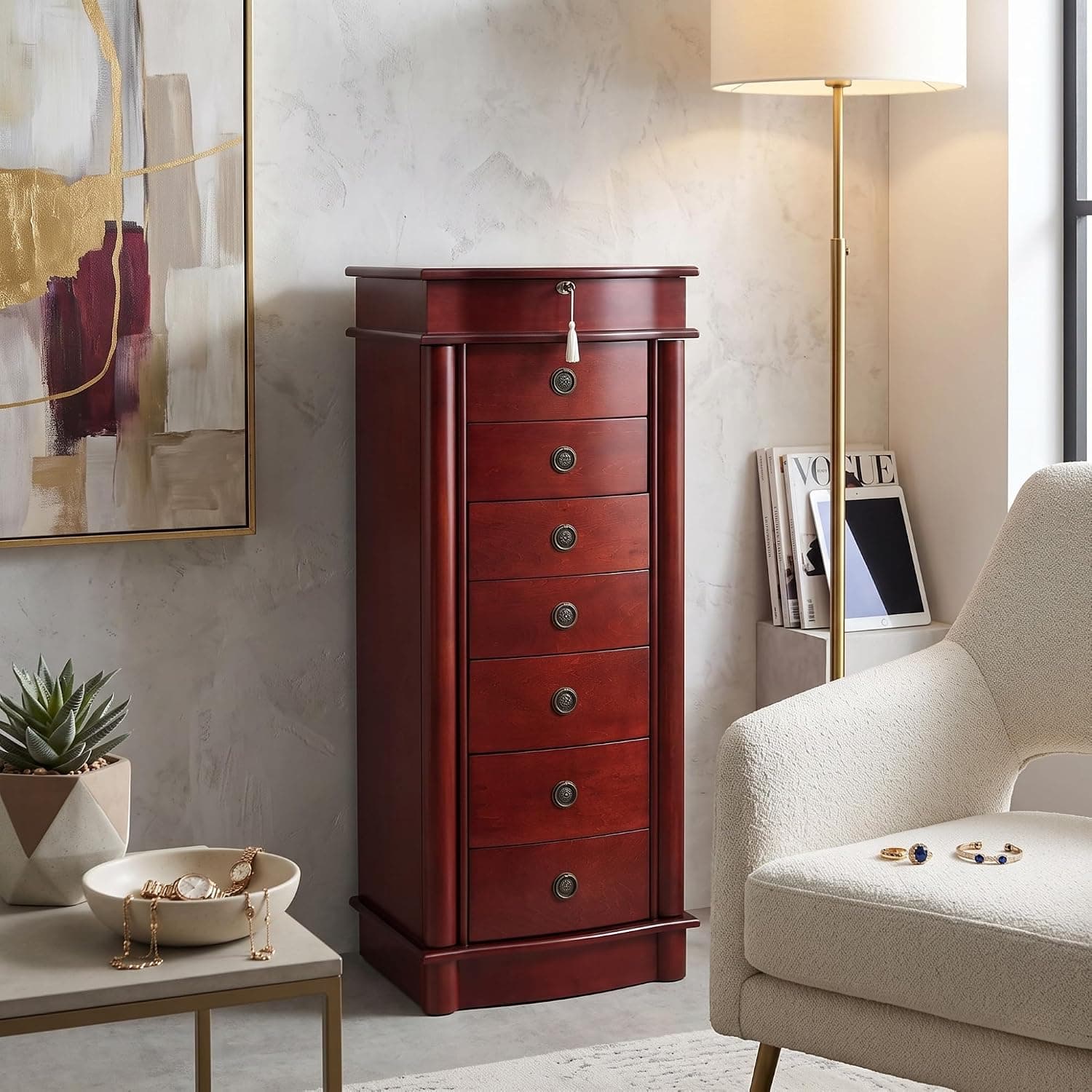 Hives and HoneyNoelle Standing Jewelry Armoire, Locking Organizer with Mirror, 7 Drawers, Side Doors, Necklace Hooks, Ring Rolls, Jewelry Box for Earrings, Bracelets, and More, Cherry